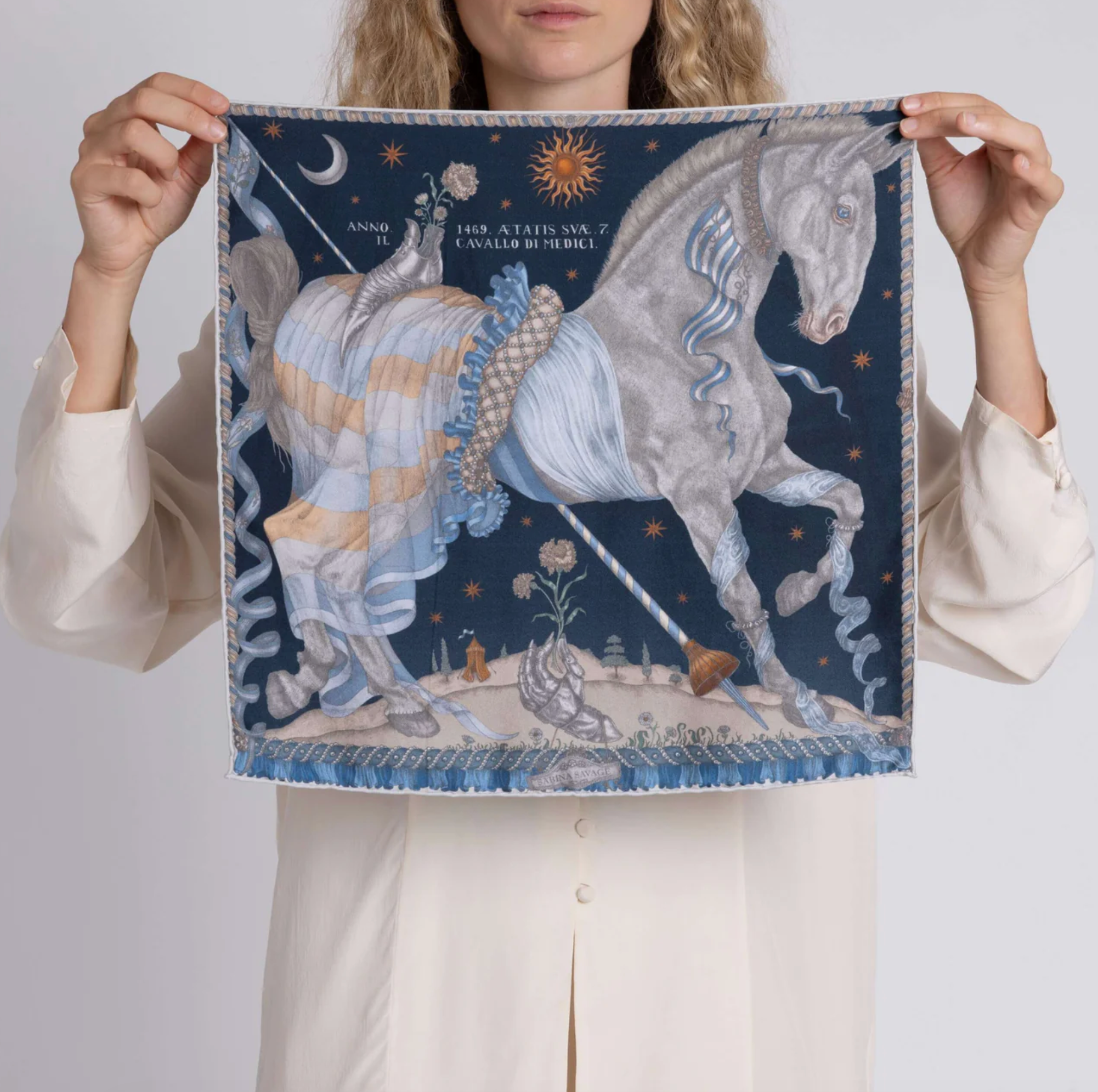 42x42 Small Silk Scarf-Celestial Steed-Mercury/Moonstone