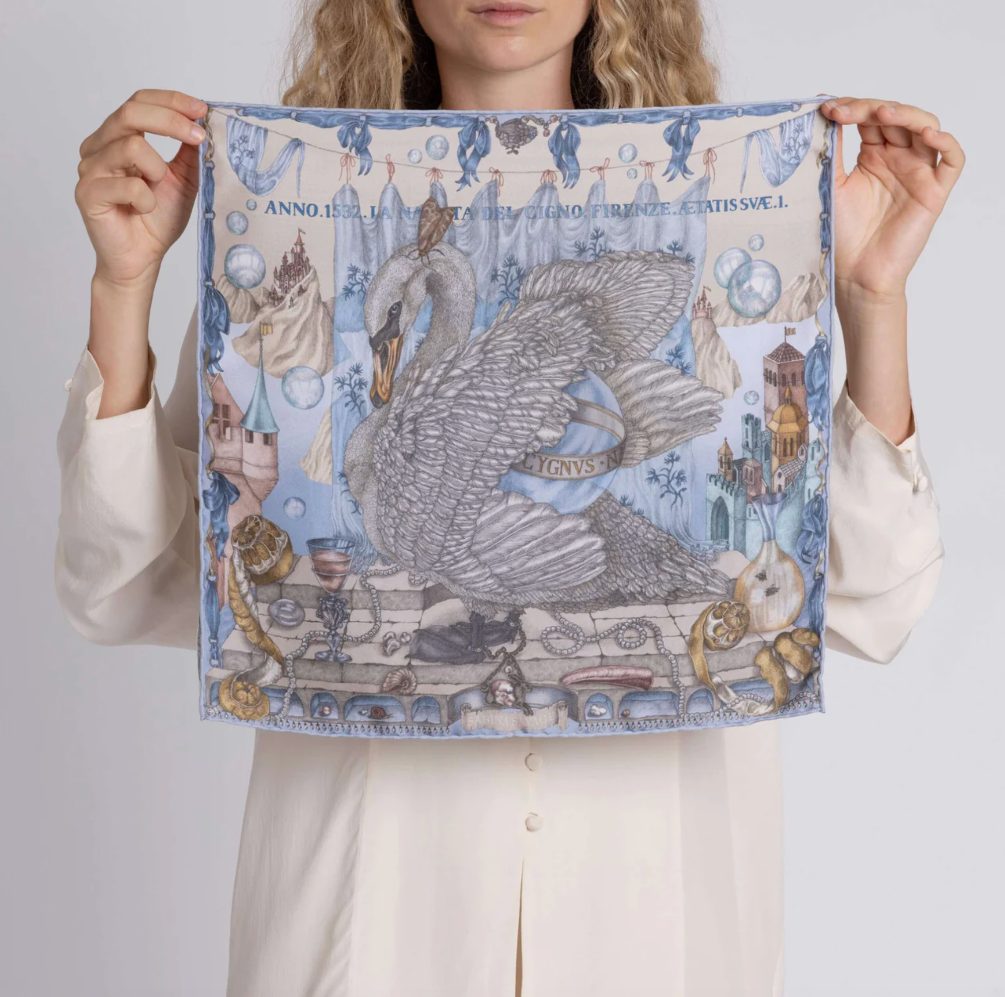 42x42 Small Silk Scarf - Glass Swan - Crystal/Calcite