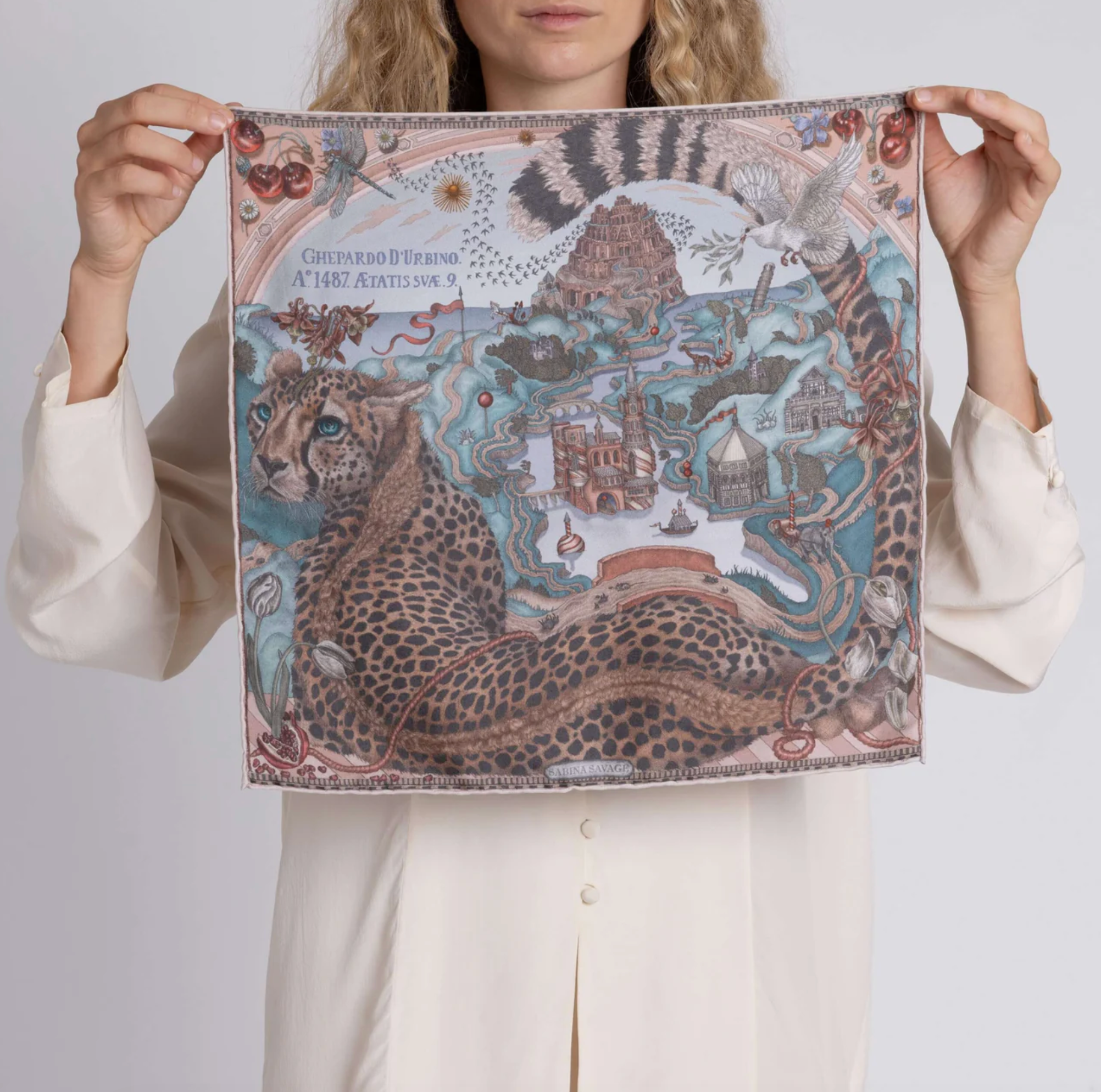 42x42 Small Silk Scarf - Medici Cheetah - Morello/Mint