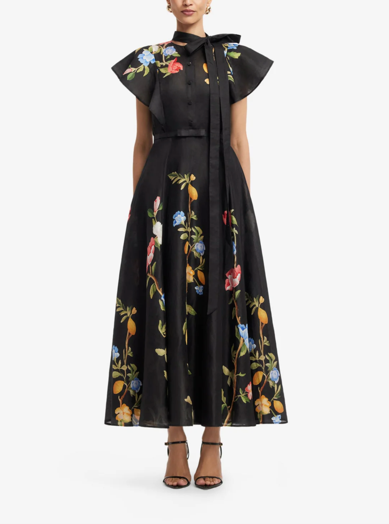 Elsie Flutter Sleeve Midi Dress - Lemon Vine Print in Ebony