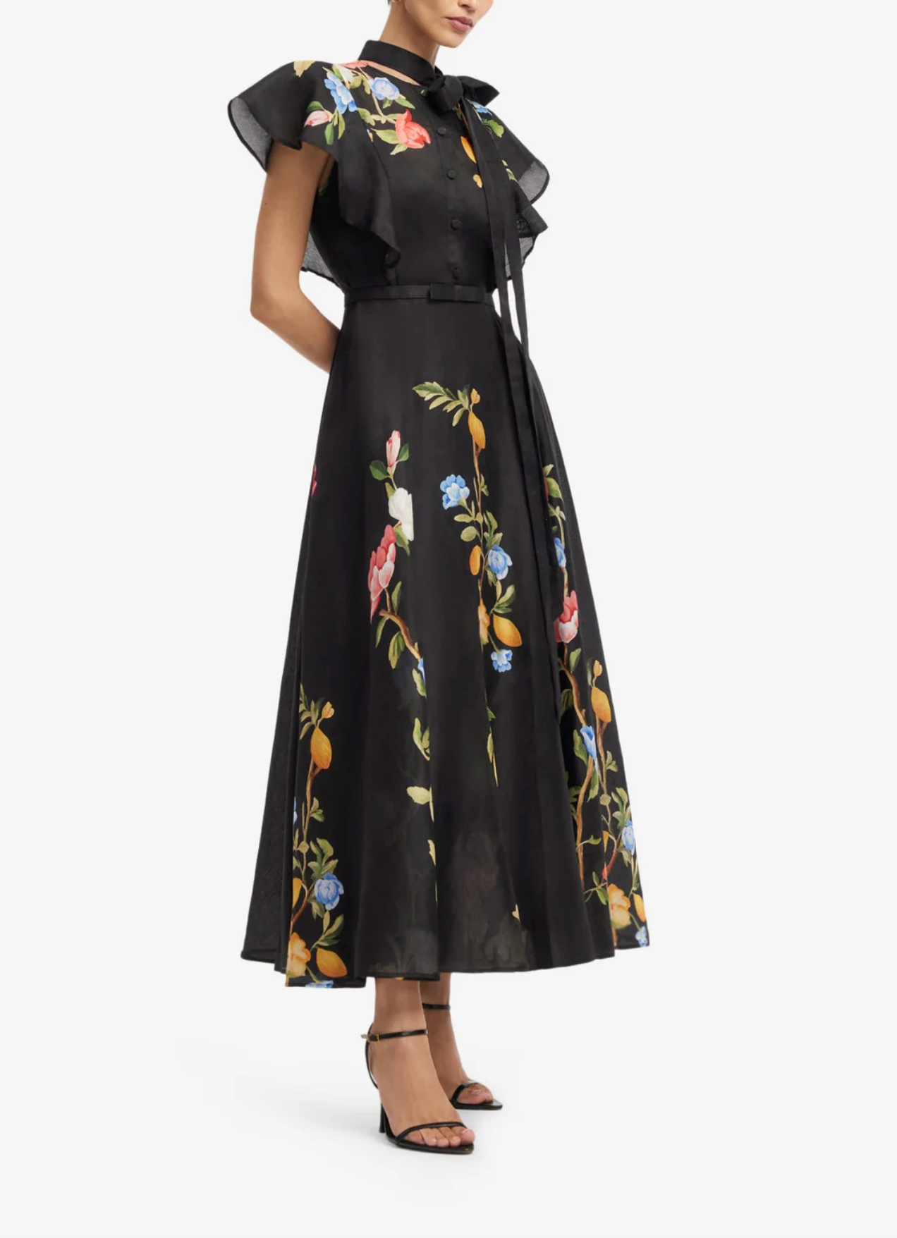 Elsie Flutter Sleeve Midi Dress - Lemon Vine Print in Ebony