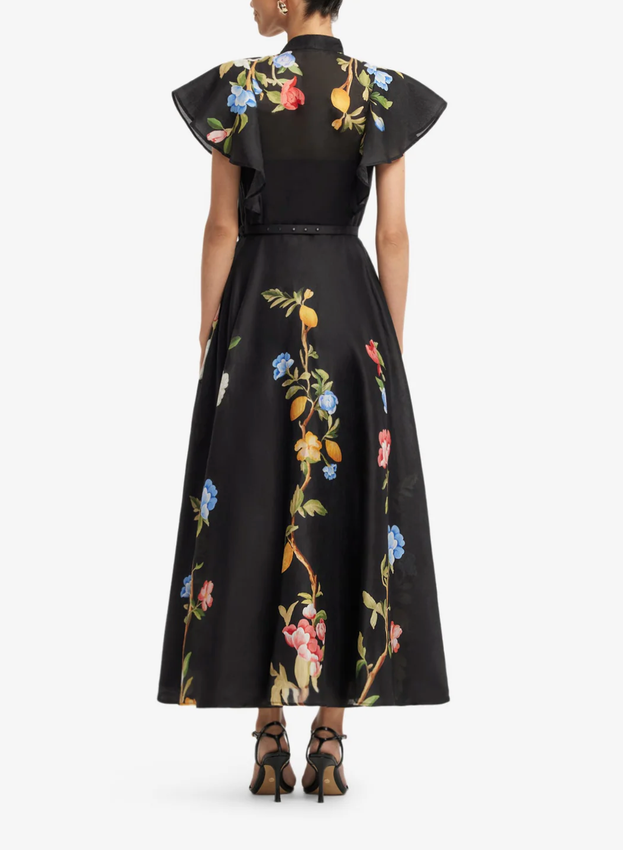 Elsie Flutter Sleeve Midi Dress - Lemon Vine Print in Ebony