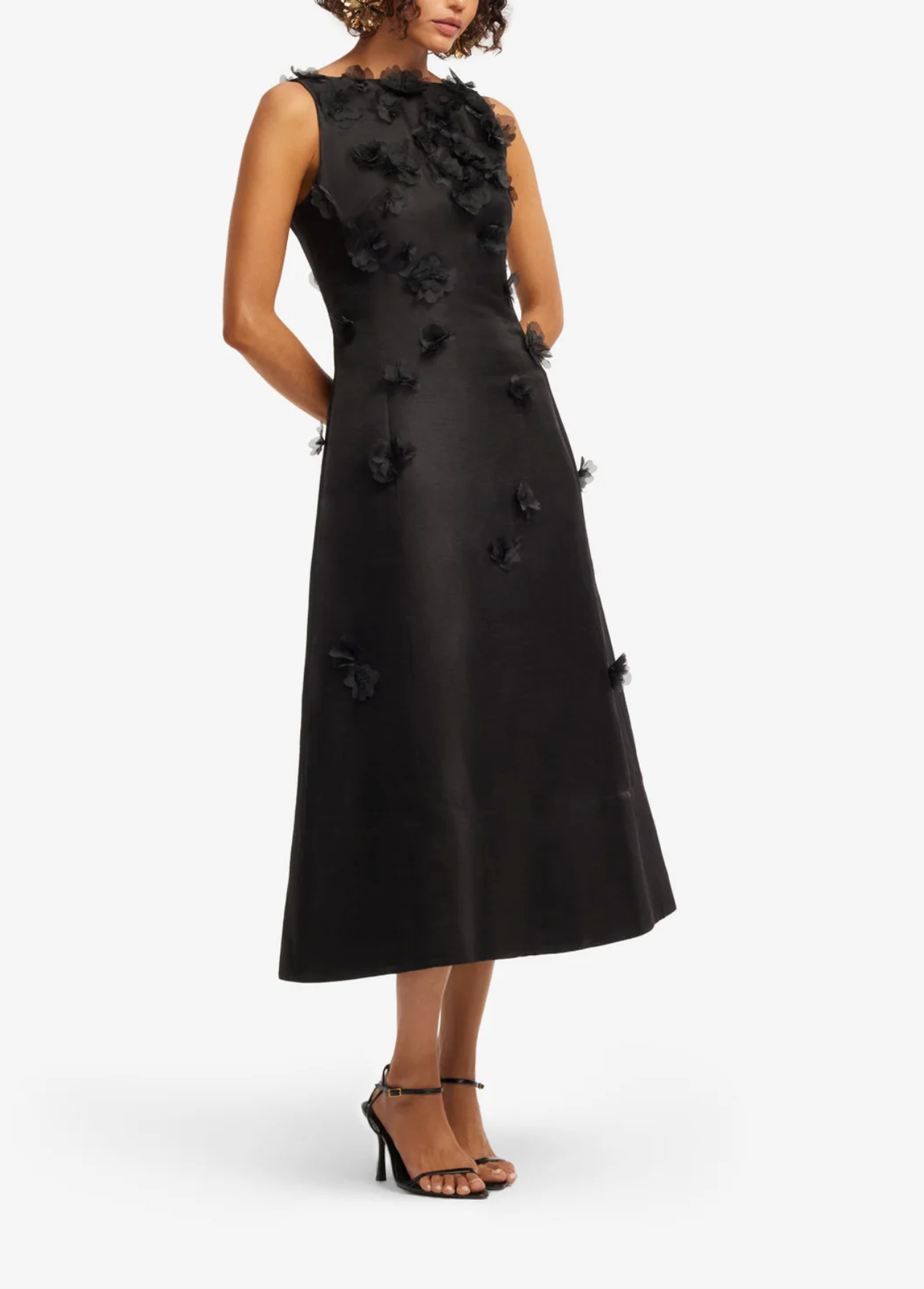 Cleo Petal Sleeveless Midi Dress- Ebony