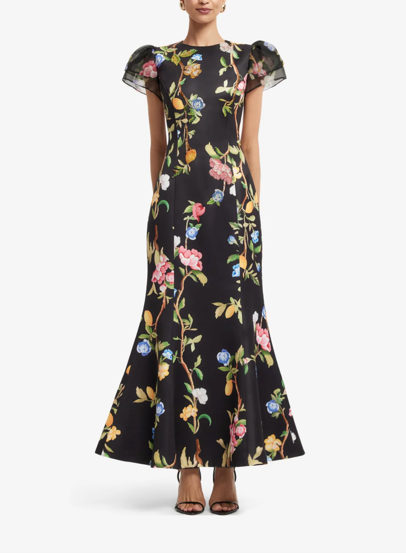 Sofia Embellished Puff Sleeve Maxi Dress - Lemon Vine Print in Ebony
