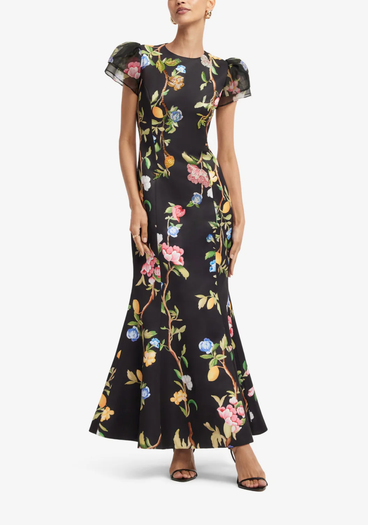 Sofia Embellished Puff Sleeve Maxi Dress - Lemon Vine Print in Ebony