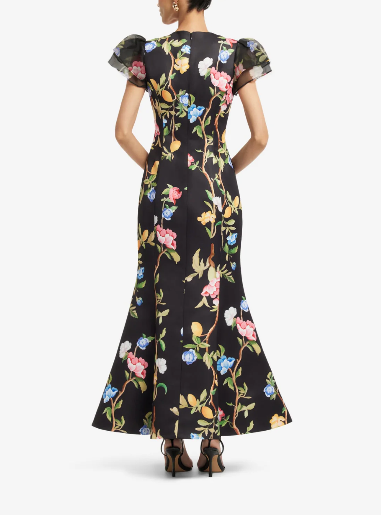 Sofia Embellished Puff Sleeve Maxi Dress - Lemon Vine Print in Ebony