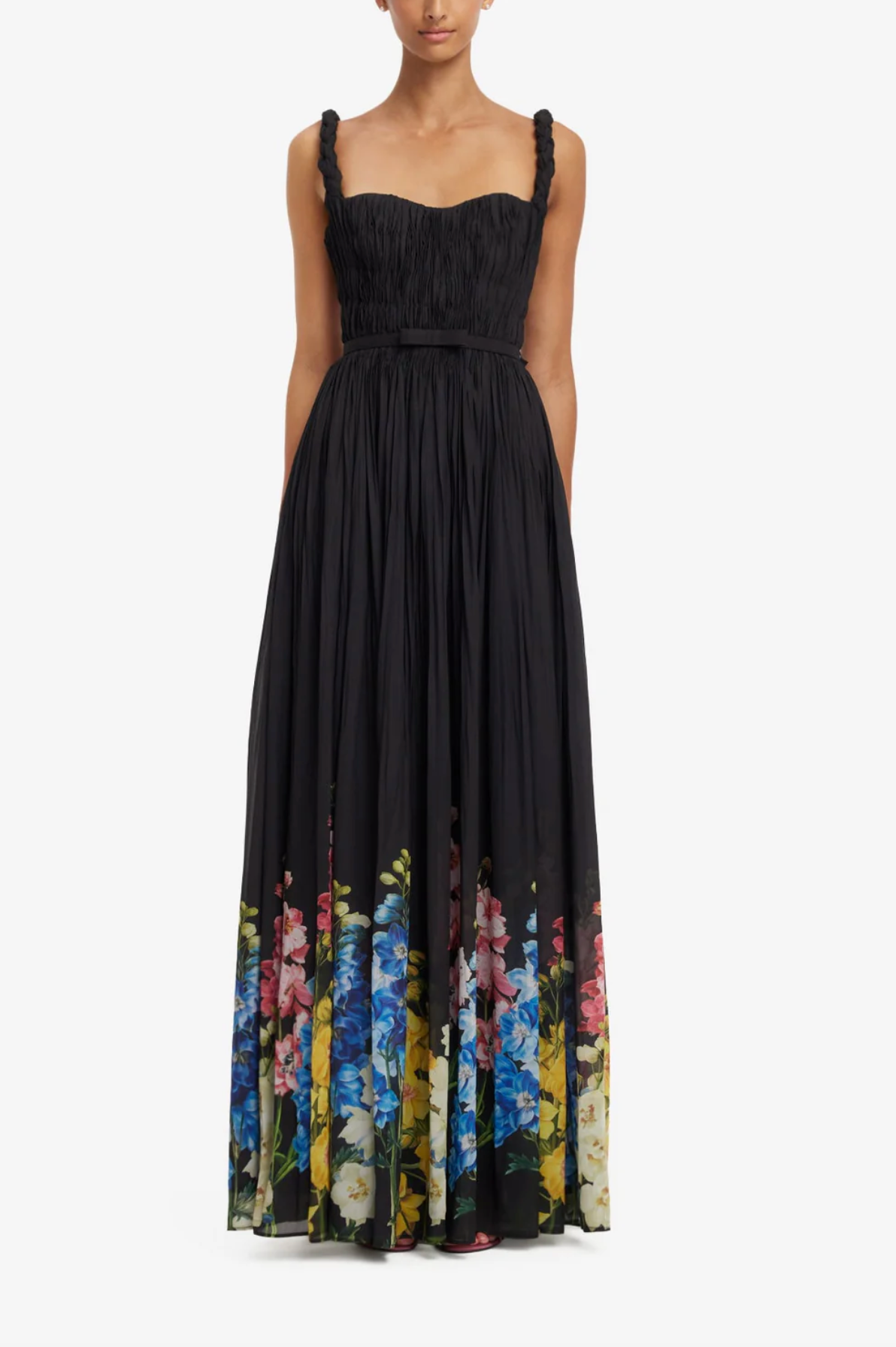 Angelina Ruffled Floor Length Dress - Snapdragon Print in Ebony