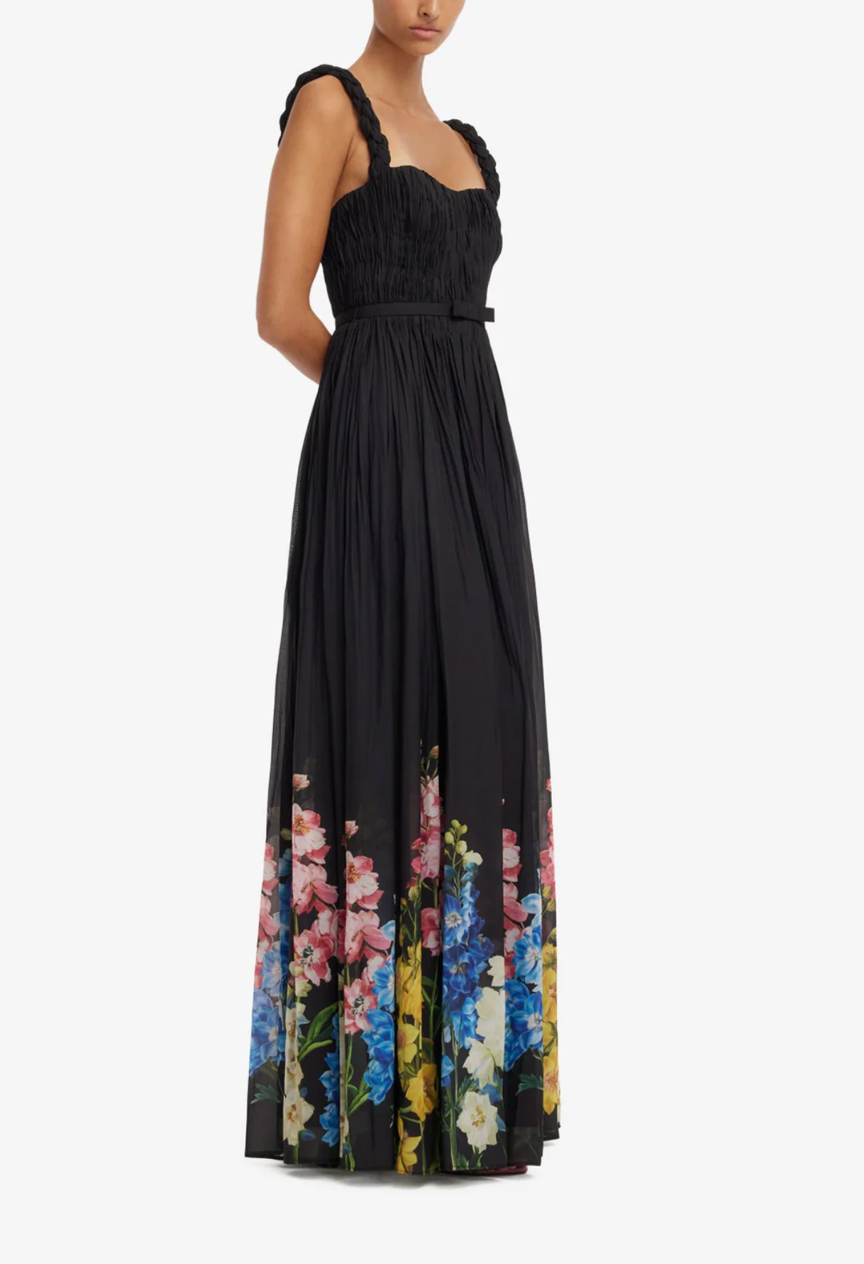 Angelina Ruffled Floor Length Dress - Snapdragon Print in Ebony
