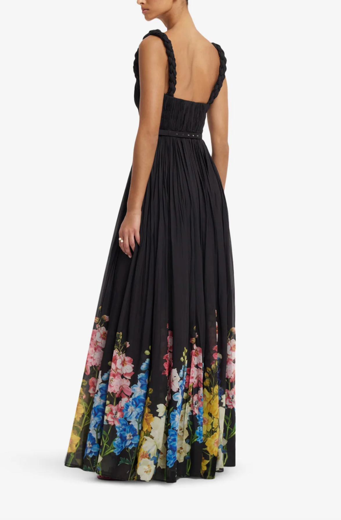 Angelina Ruffled Floor Length Dress - Snapdragon Print in Ebony