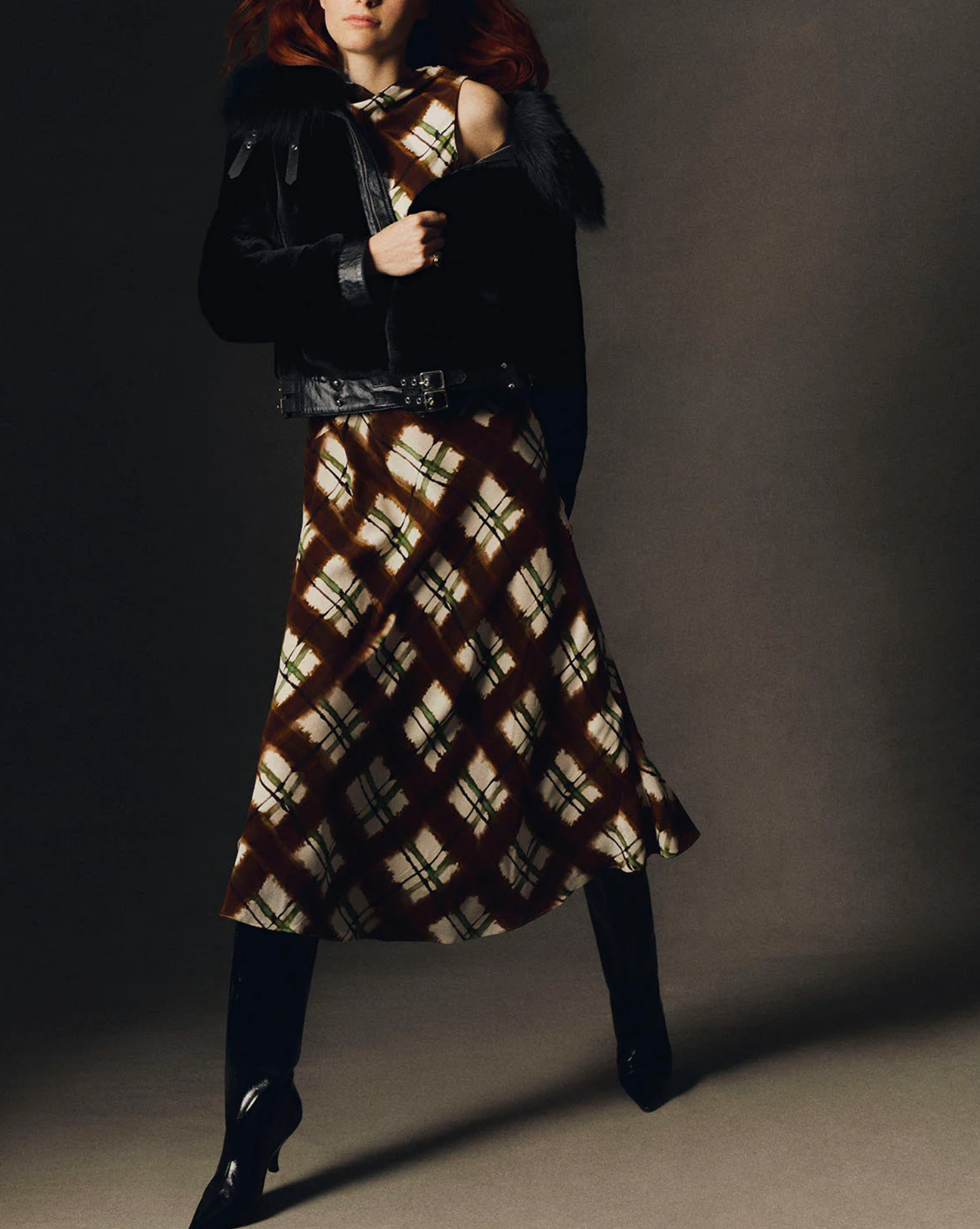 Crystal Midi Dress- Painted Plaid Brown