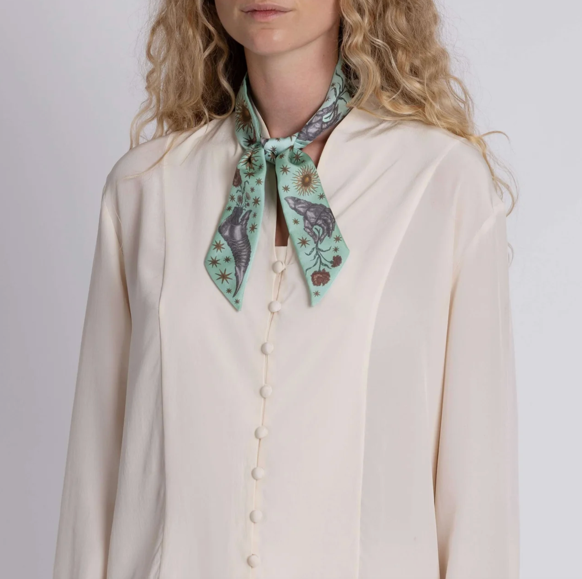 Ribbon Silk Scarf-Celestial Steed - Celadon/Salt
