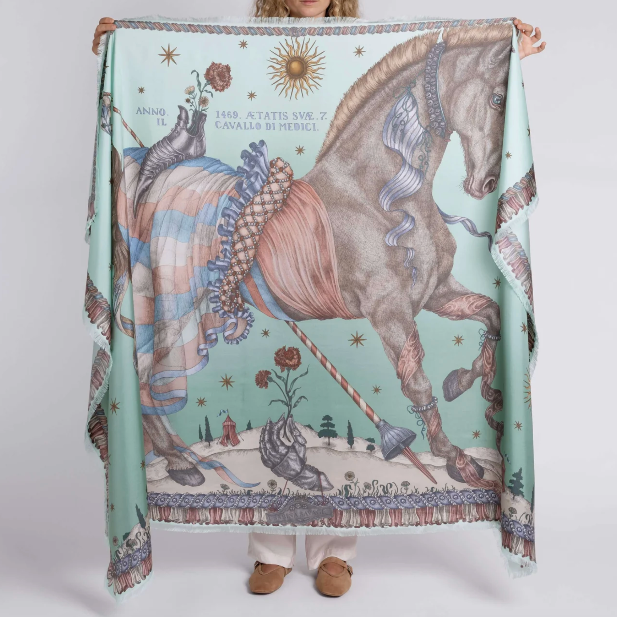 135x195 Rectangle Silk Scarf-Celestial Steed - Celadon/Salt