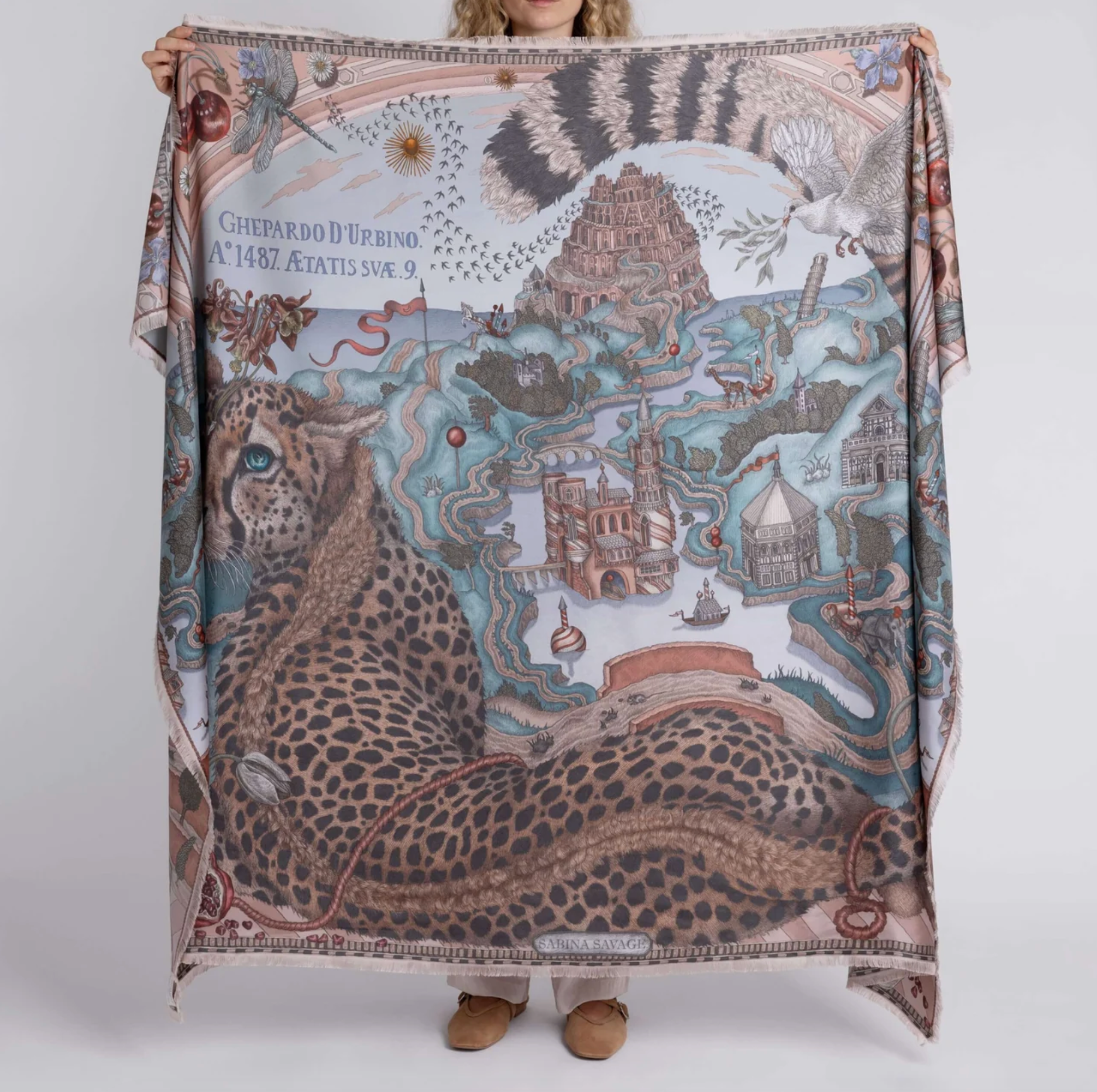 135x195 Rectangle Silk Scarf-Medici Cheetah - Morello/Mint