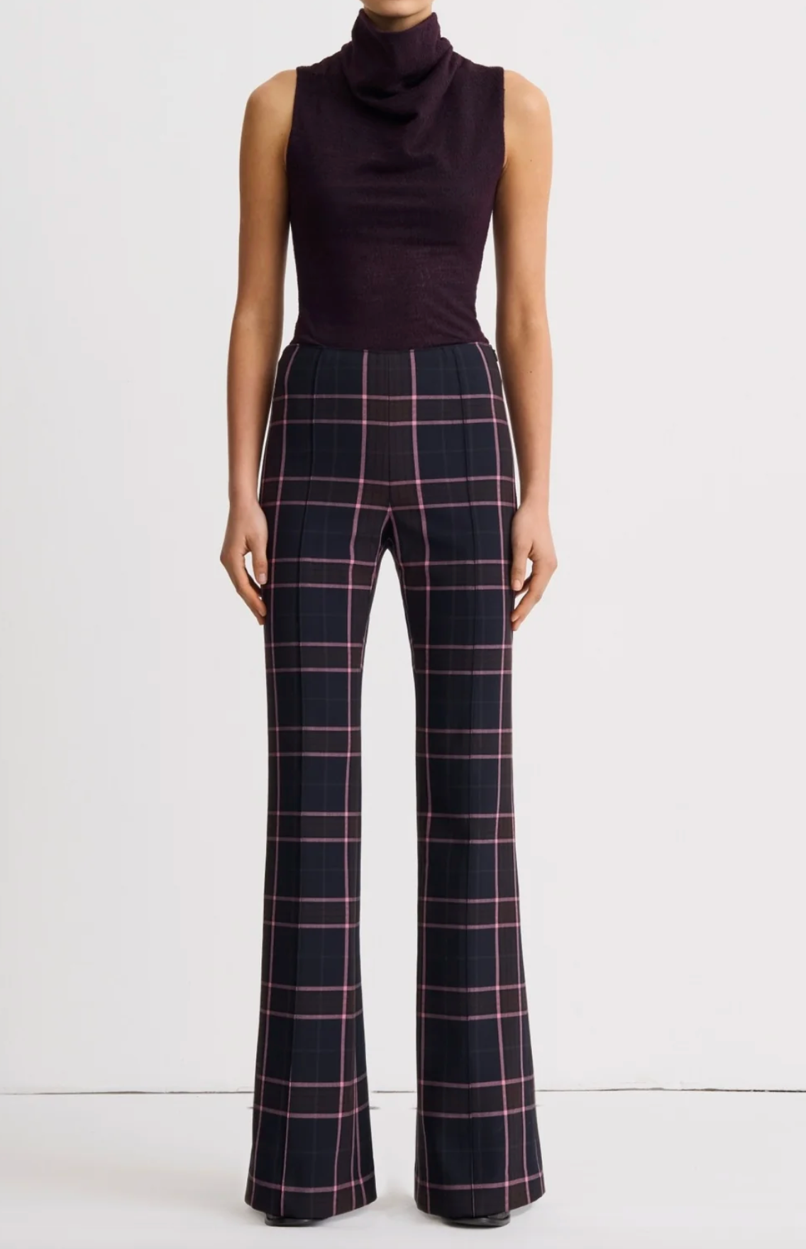 Pintuck Flare Pant - Fig Plaid
