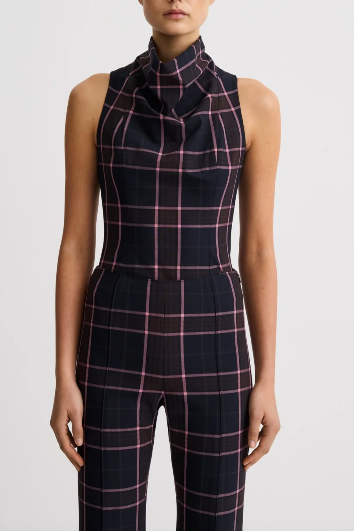 Funnel Neck Shell - Fig Plaid
