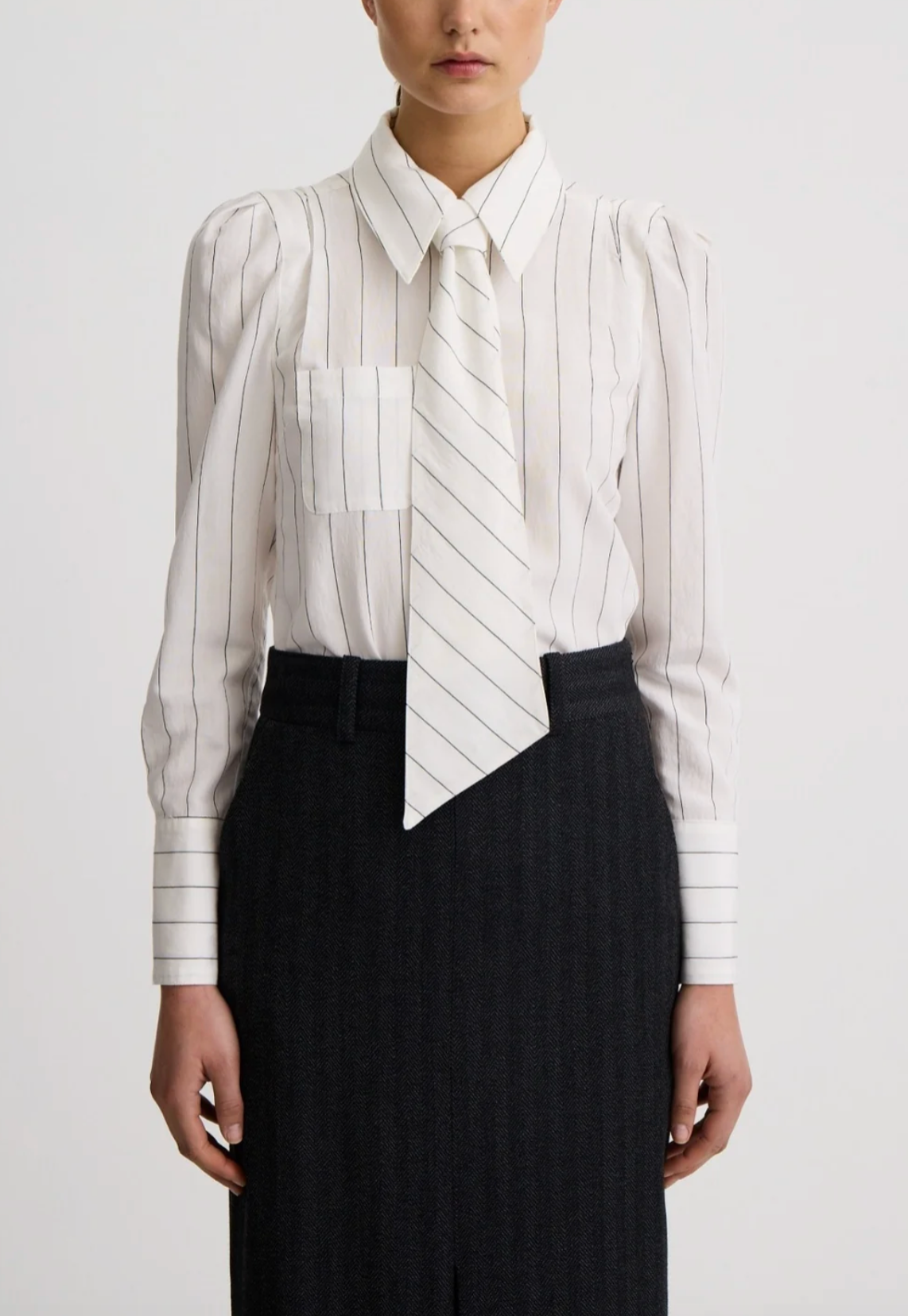Neck Tie Box Pleat Shirt - White Stripe