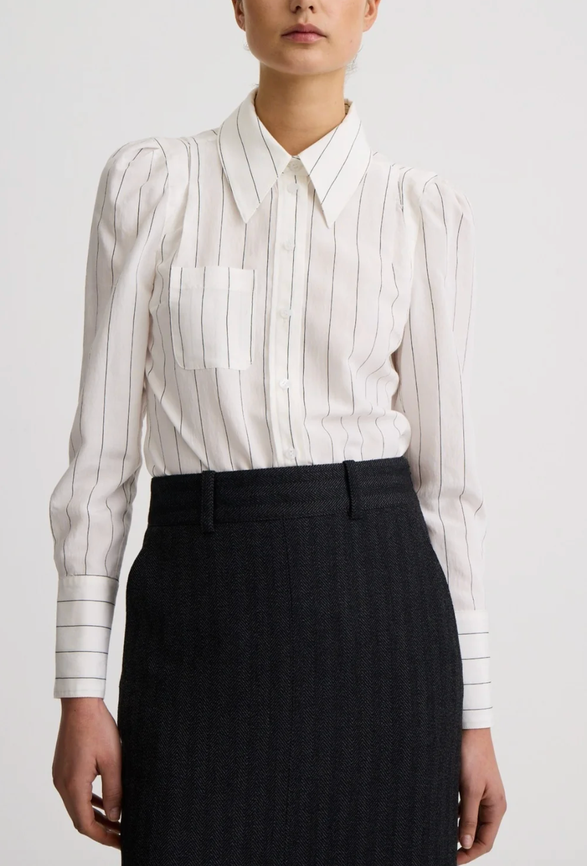 Neck Tie Box Pleat Shirt - White Stripe