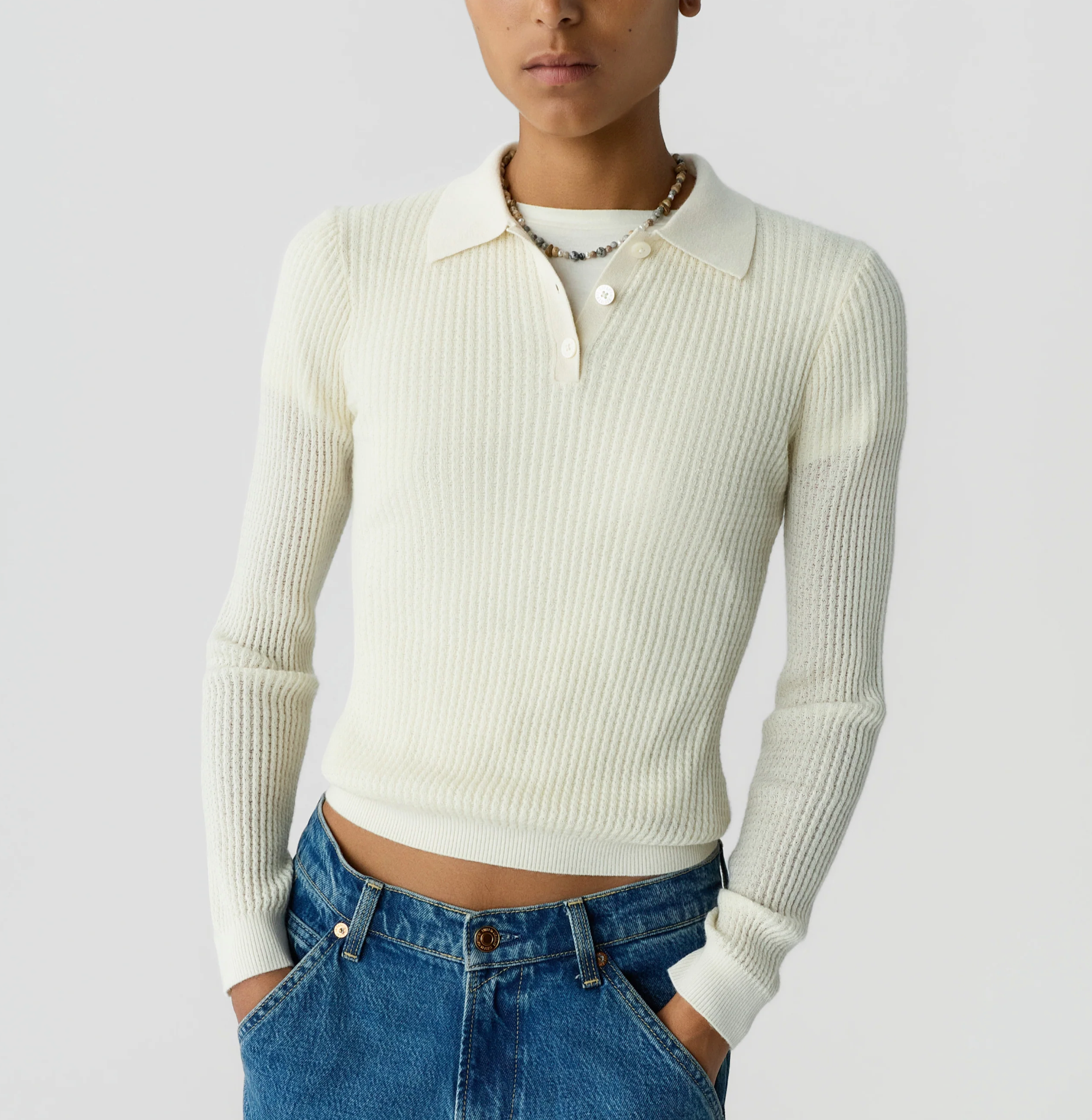 Long Sleeve Shrunken Polo - Cream