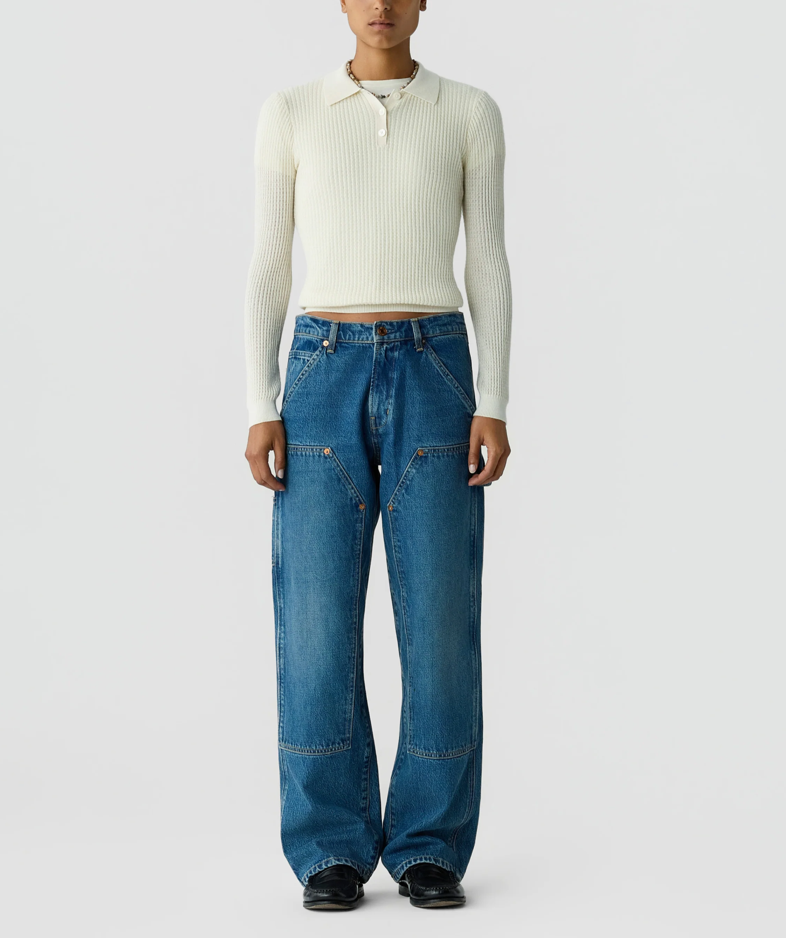 Long Sleeve Shrunken Polo - Cream