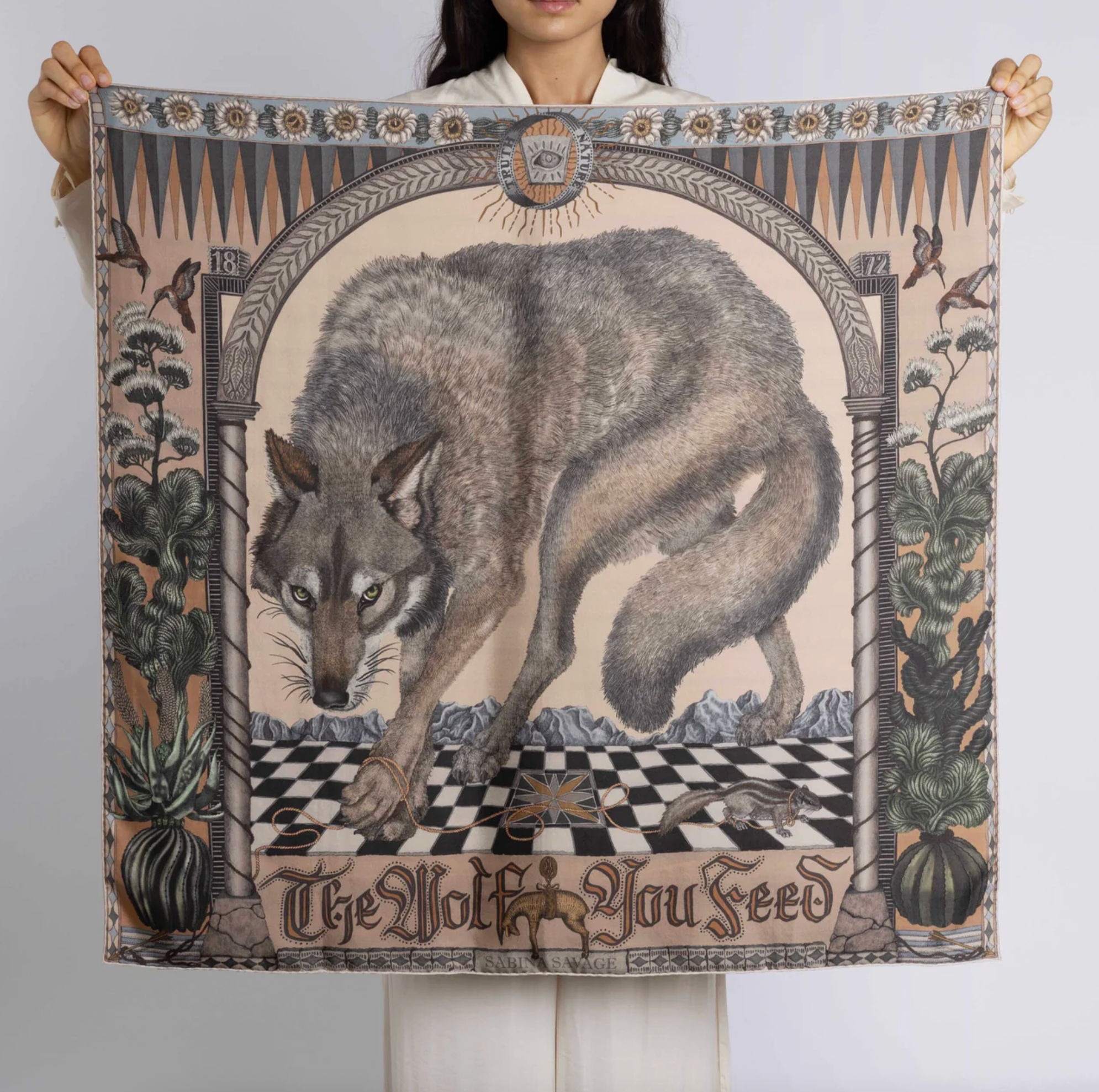 90x90 Medium Silk Scarf-The Wolf you Feed-Desert/Dawn