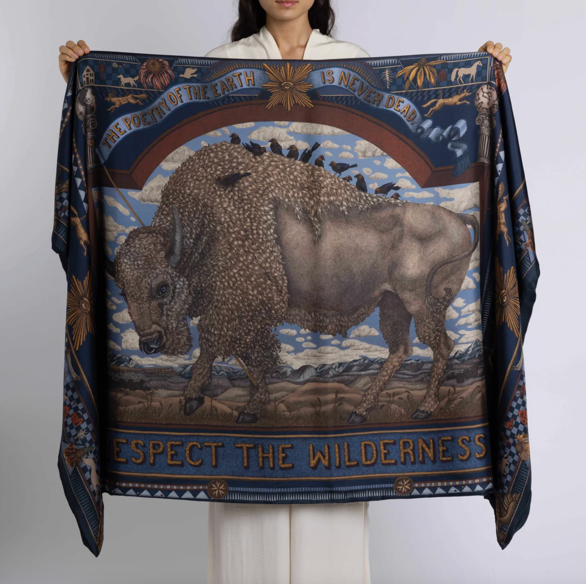 Cashmere Stole-Secrets of the Bison-Chambray/Stone