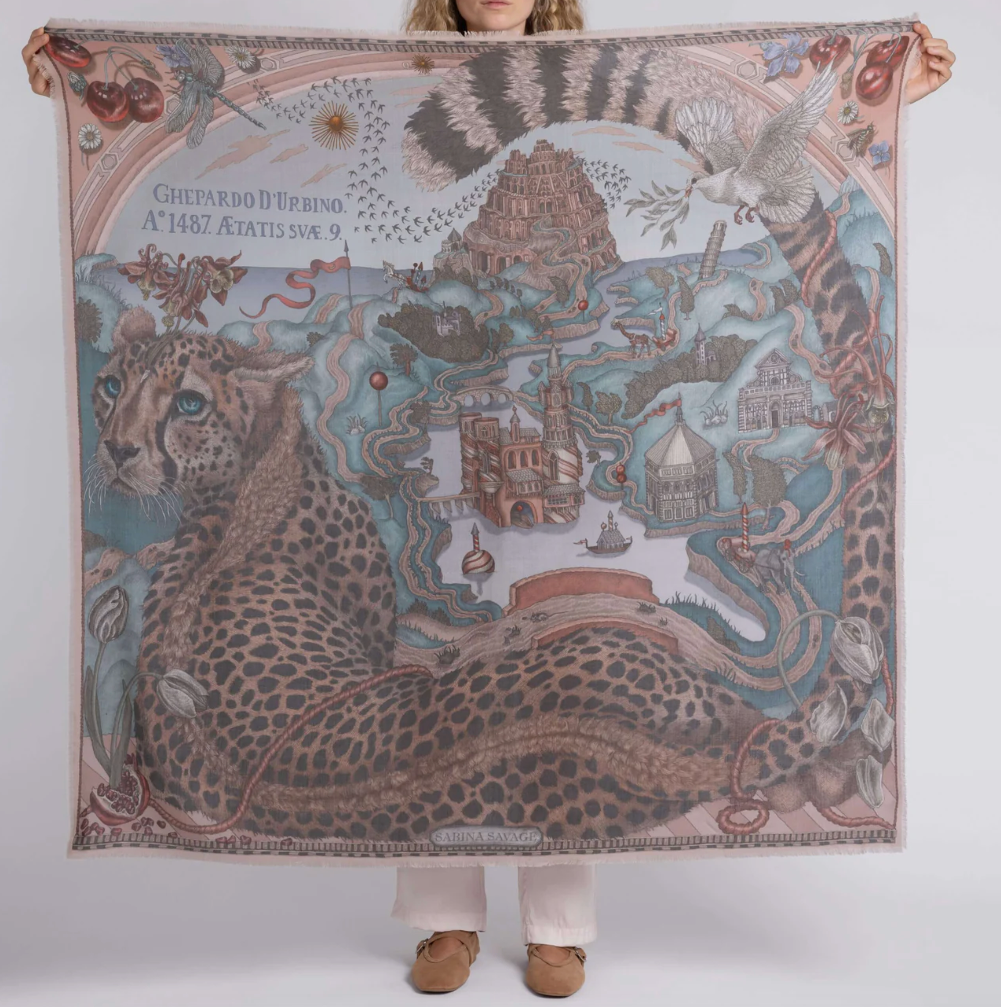 135x135 Large Silk Scarf-Medici Cheetah-Morello/Mint