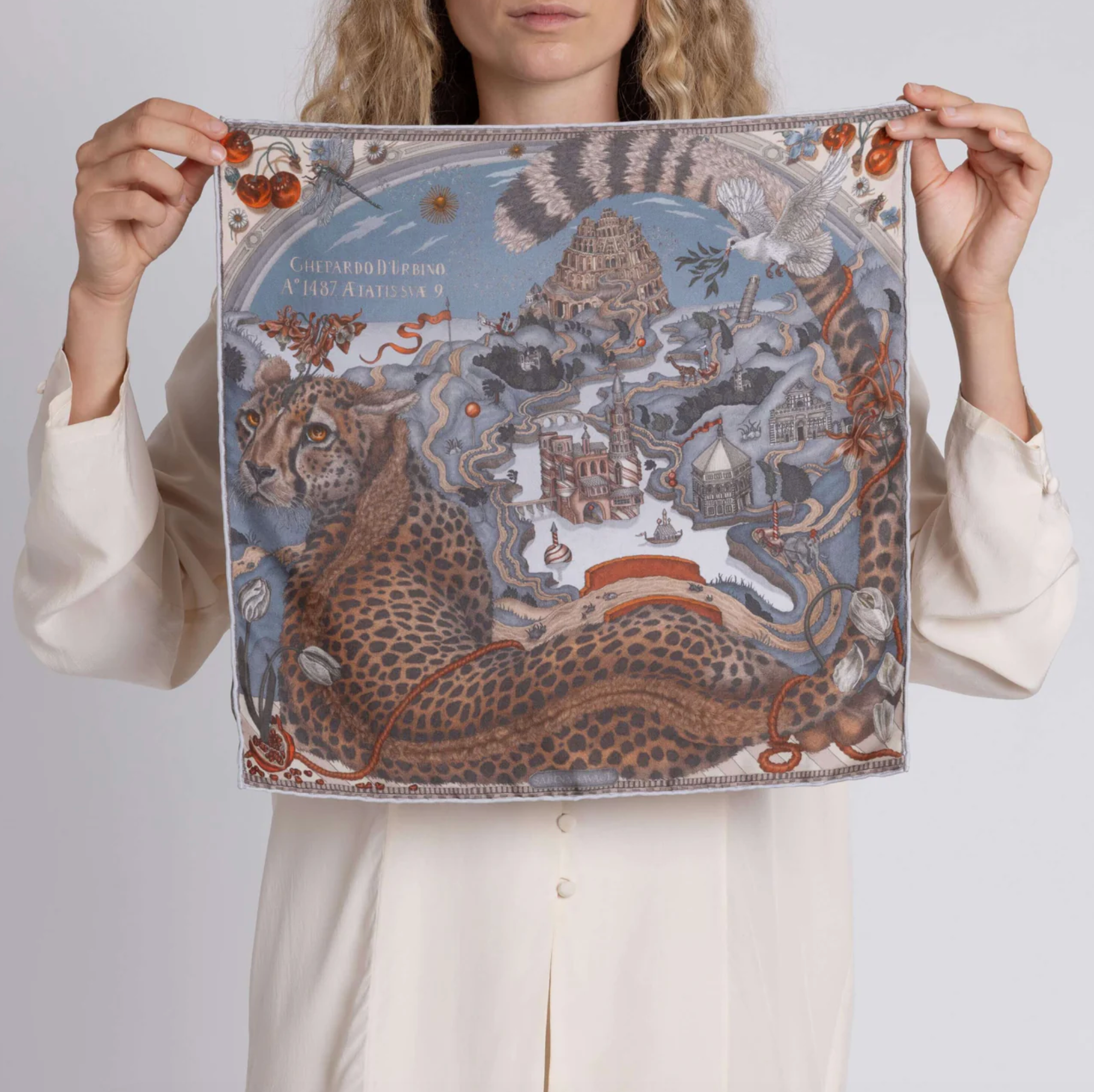42x42 Small Silk Scarf-Medici Cheetah-Musk/Maraschino