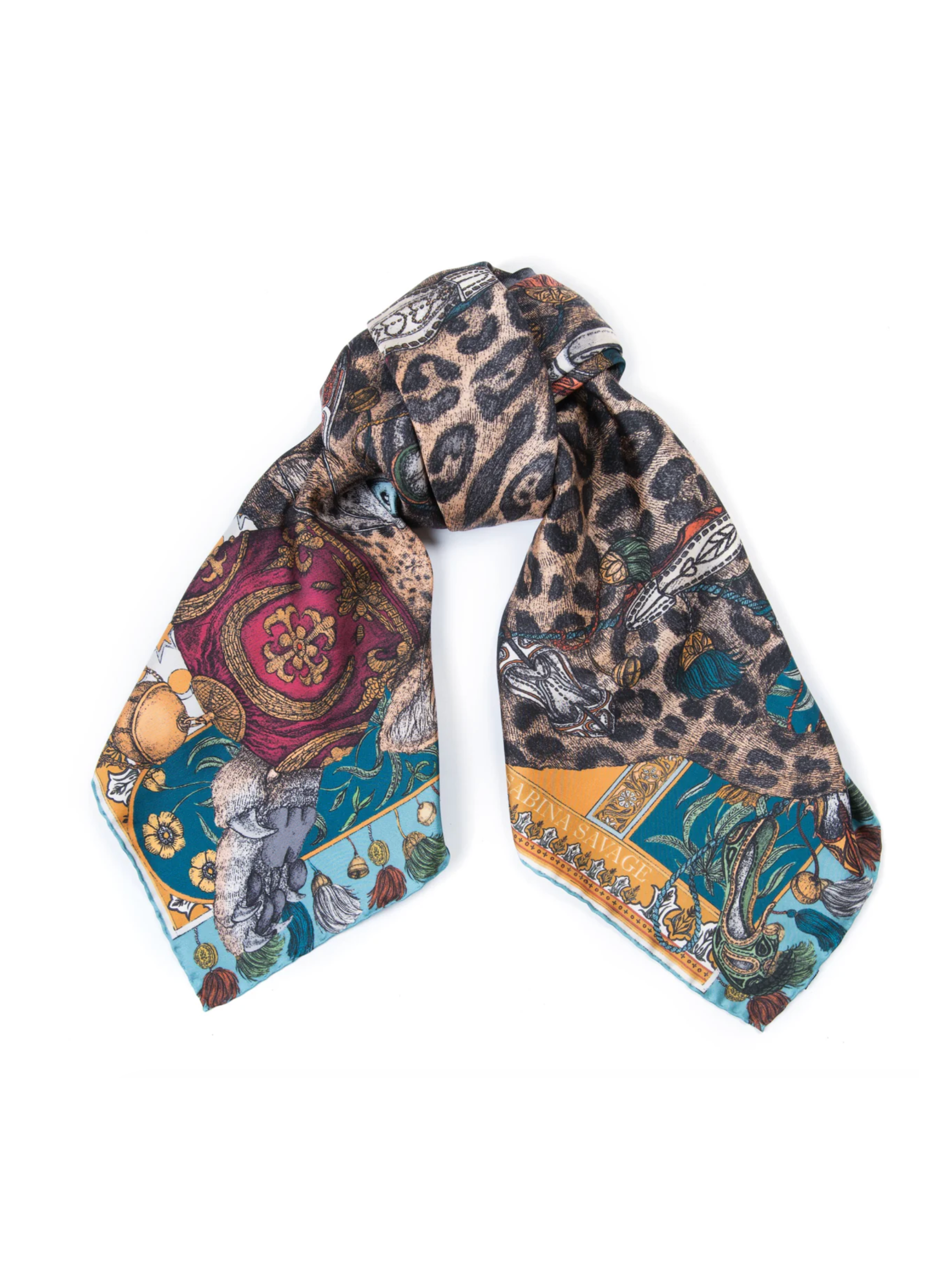 90x90 Medium Silk Scarf - Leopards Bazaar - Teal/Turmeric