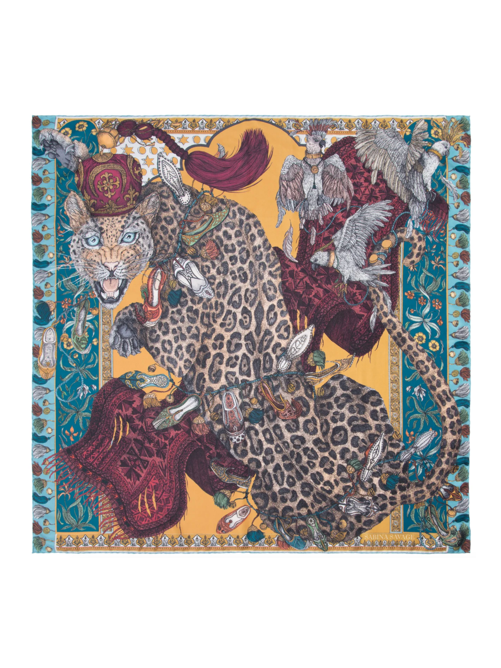 90x90 Medium Silk Scarf - Leopards Bazaar - Teal/Turmeric