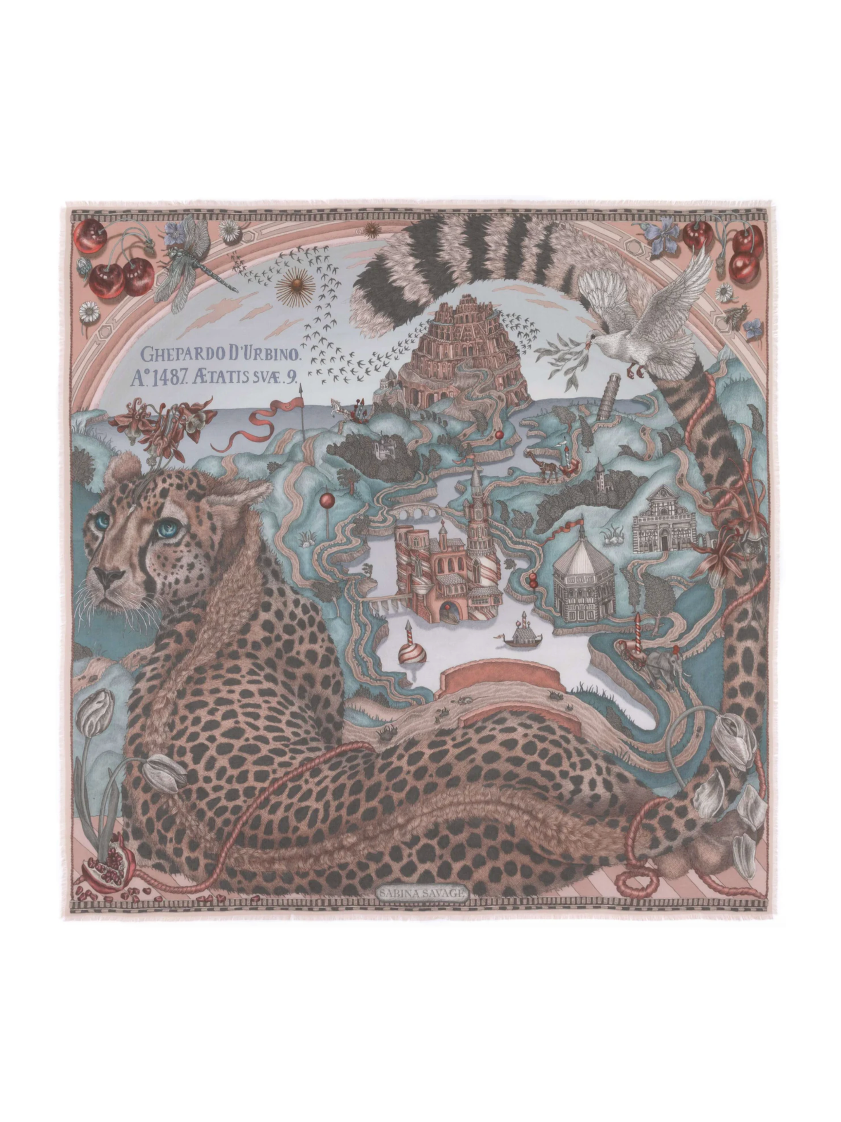 135x135 Large Silk Scarf-Medici Cheetah-Morello/Mint