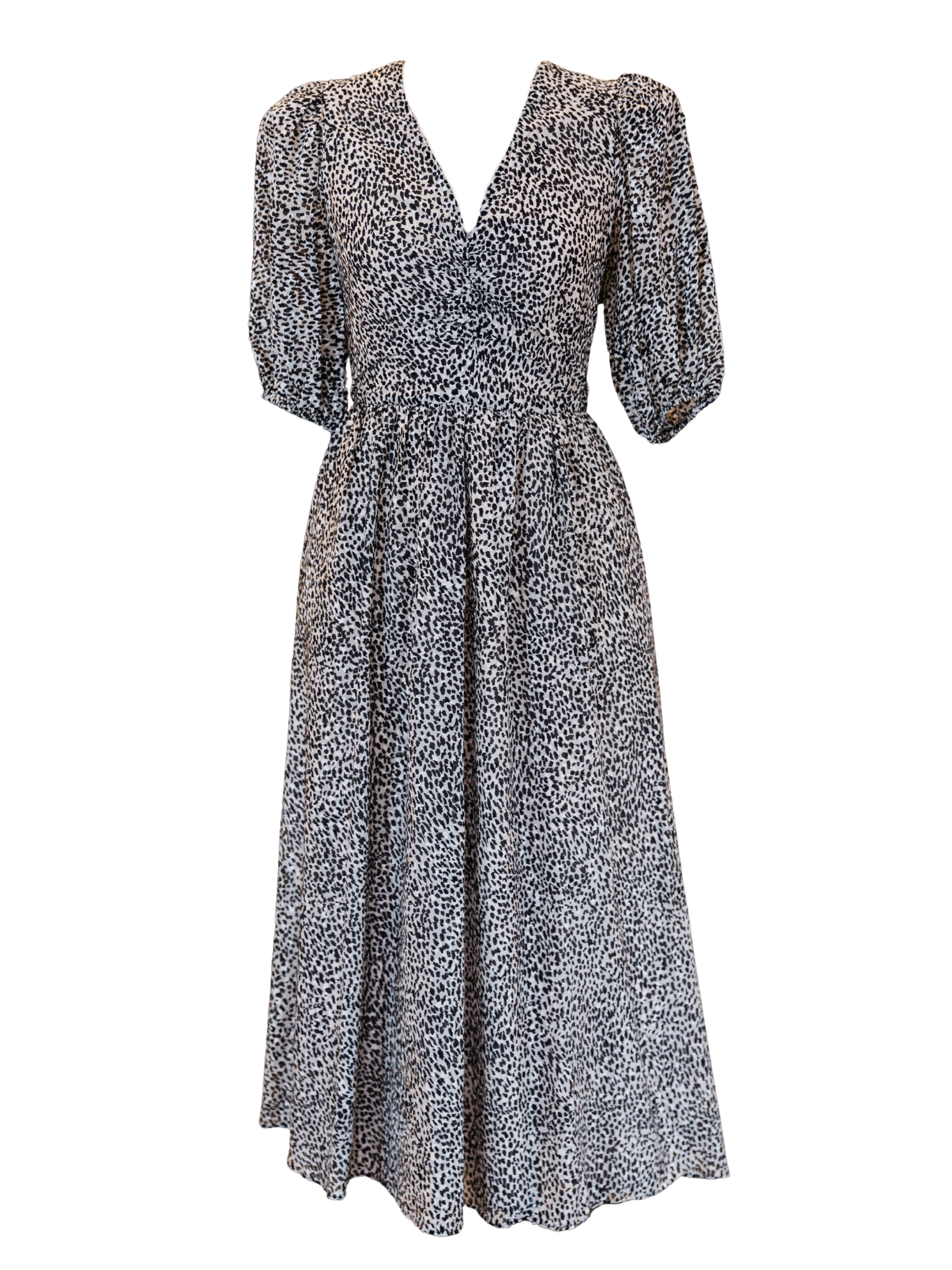 Charlize Print Ruched S/Slv Dress - Cream