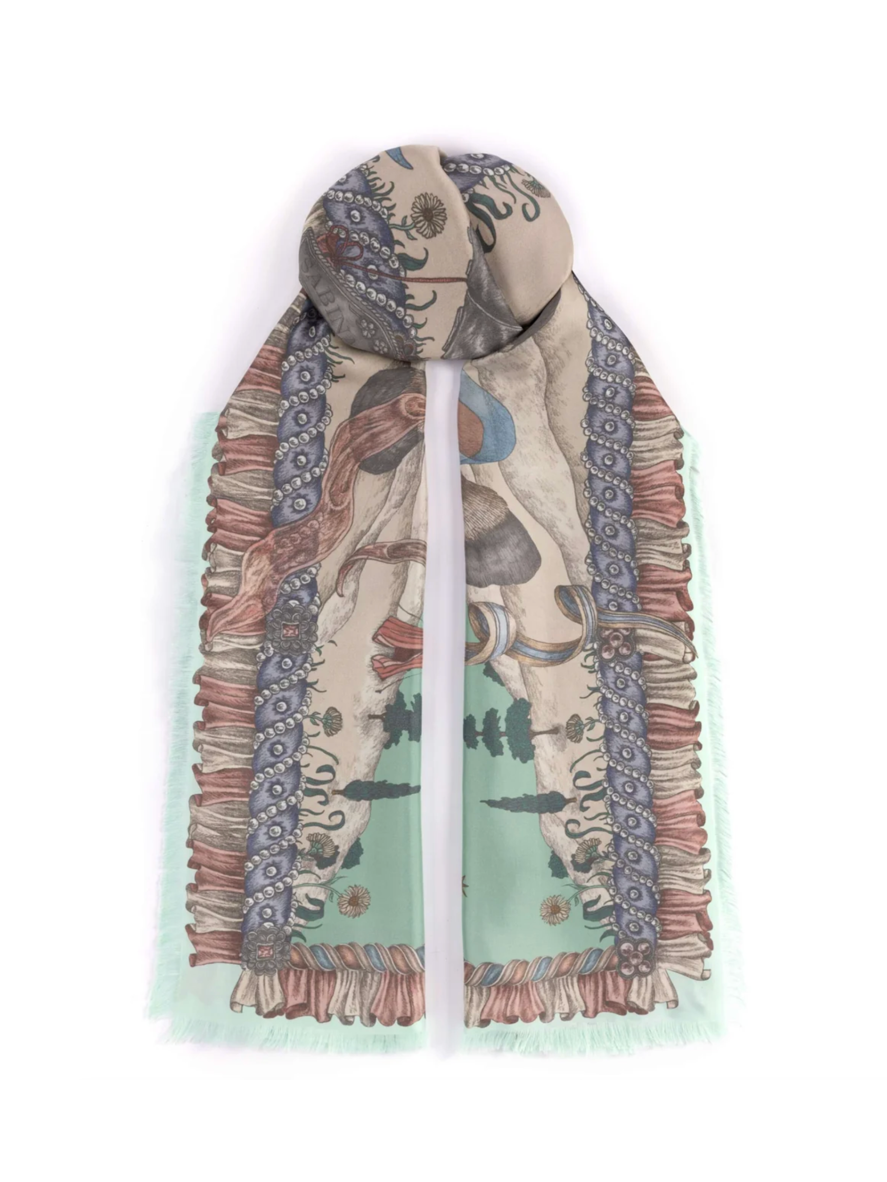 135x195 Rectangle Silk Scarf-Celestial Steed - Celadon/Salt
