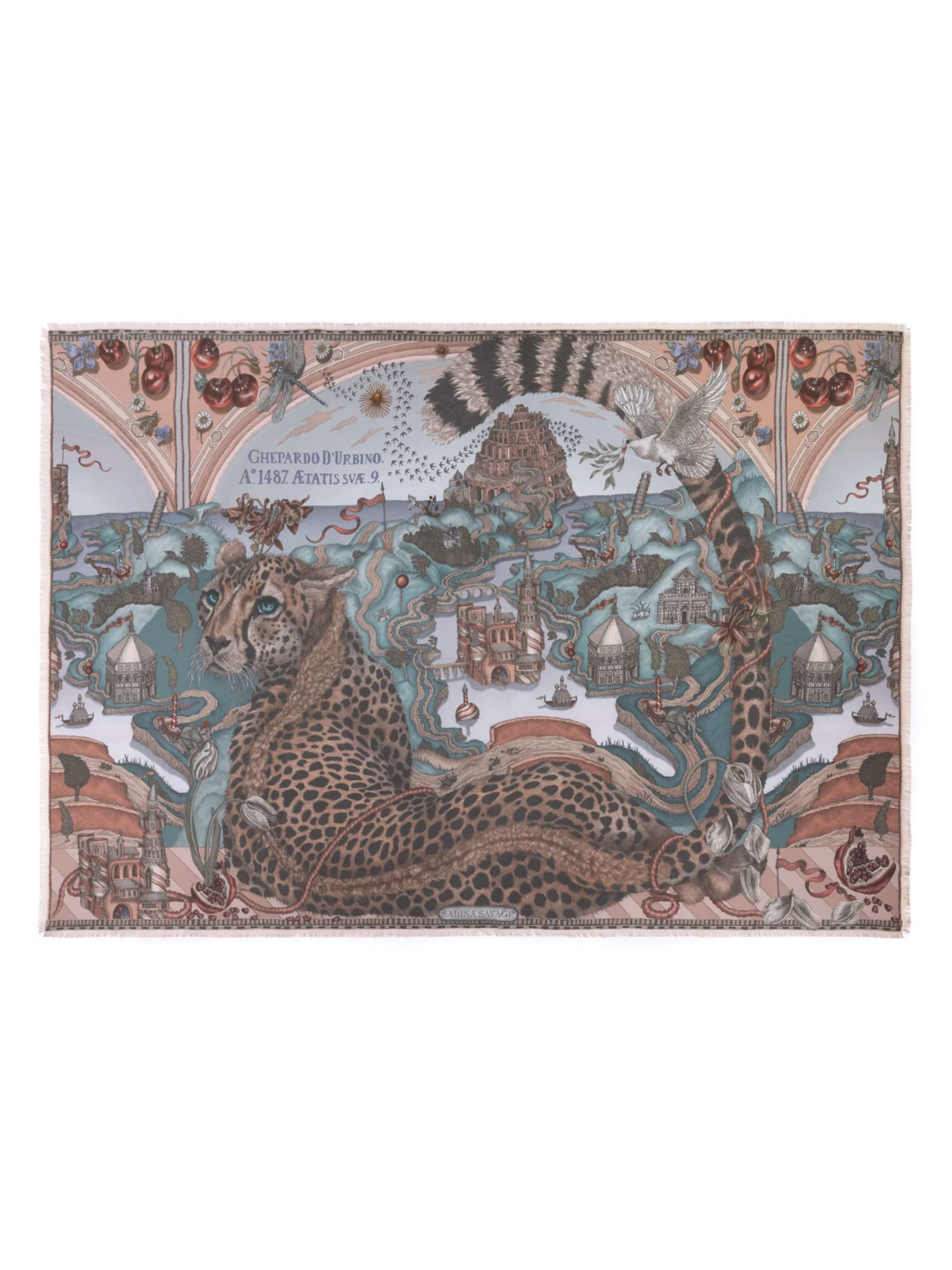 135x195 Rectangle Silk Scarf-Medici Cheetah - Morello/Mint