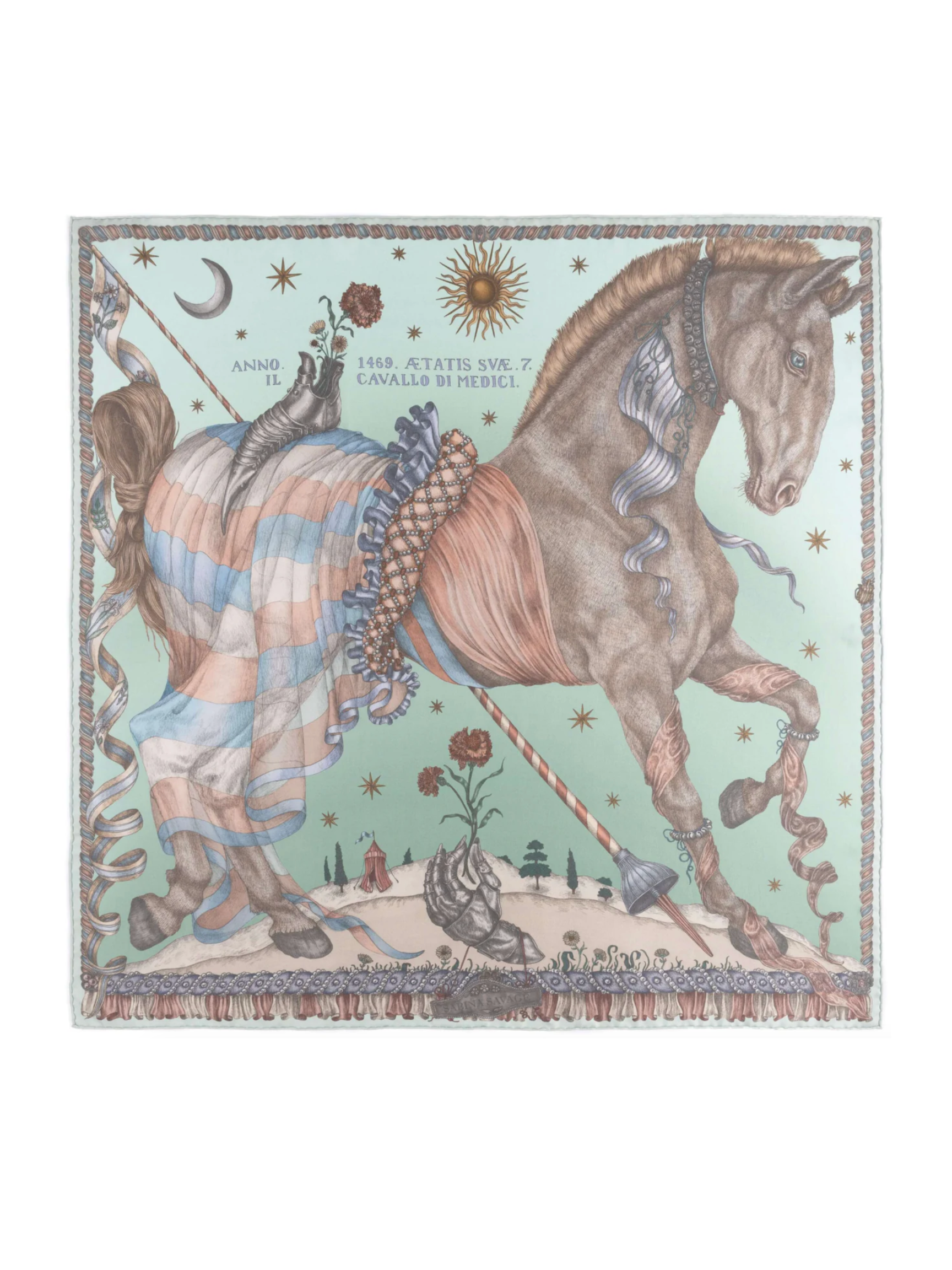 90x90 Medium Silk Scarf - Celestial Steed - Celadon/Salt