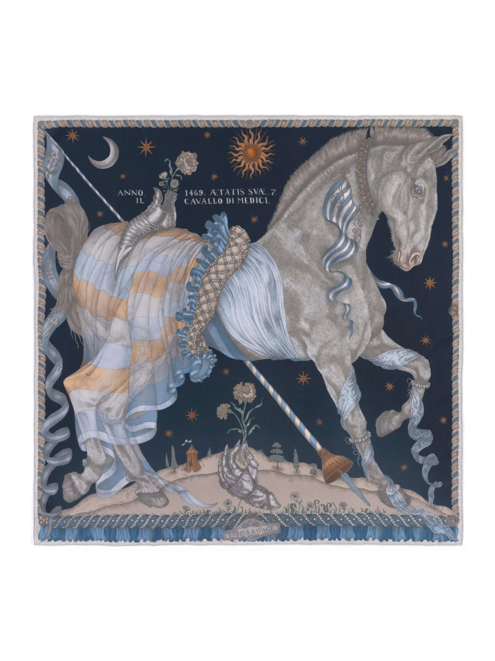 90x90 Medium Silk Scarf-Celestial Steed-Mercury/Moonstone
