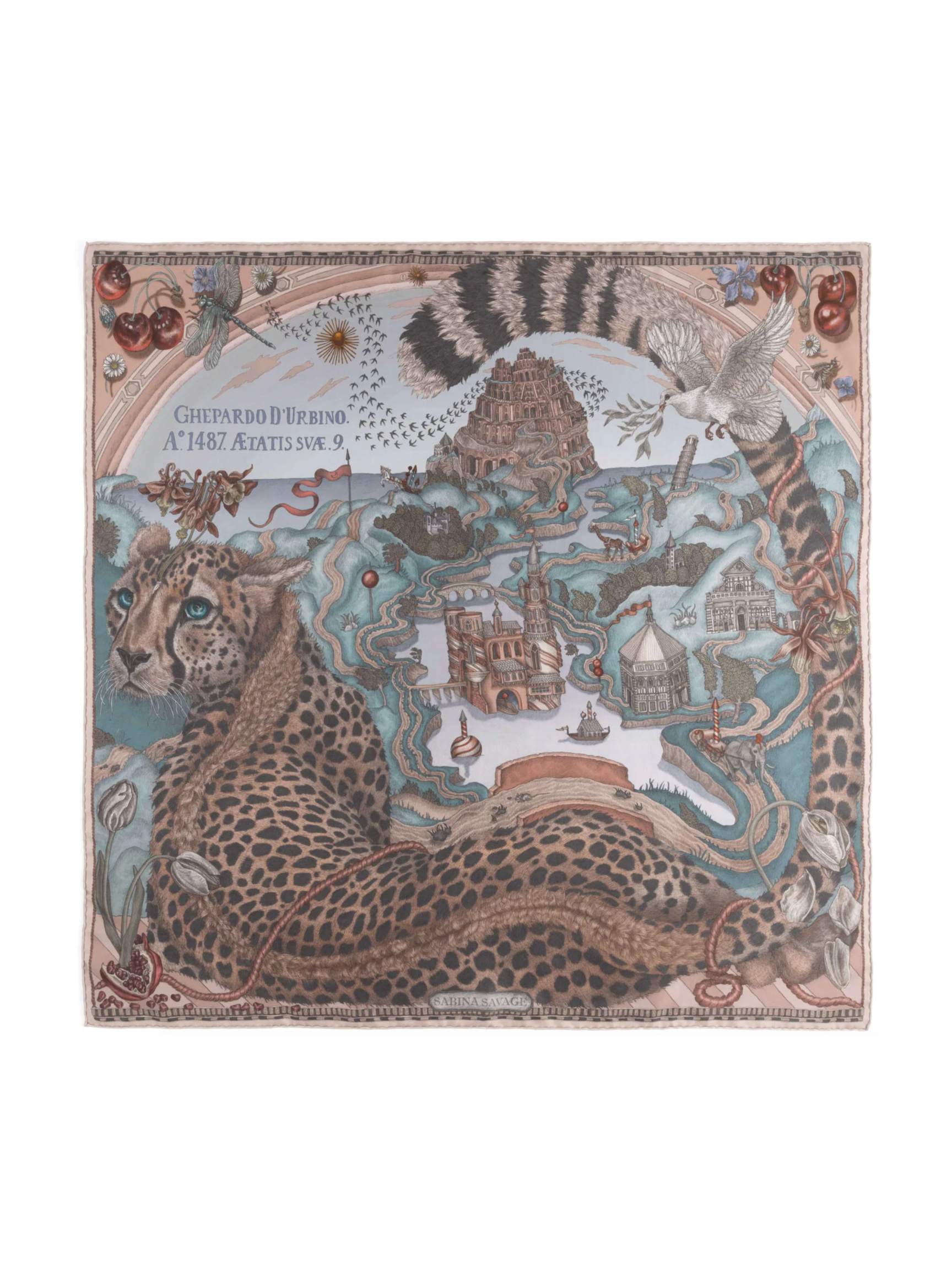 90x90 Medium Silk Scarf-Medici Cheetah-Morello/Mint