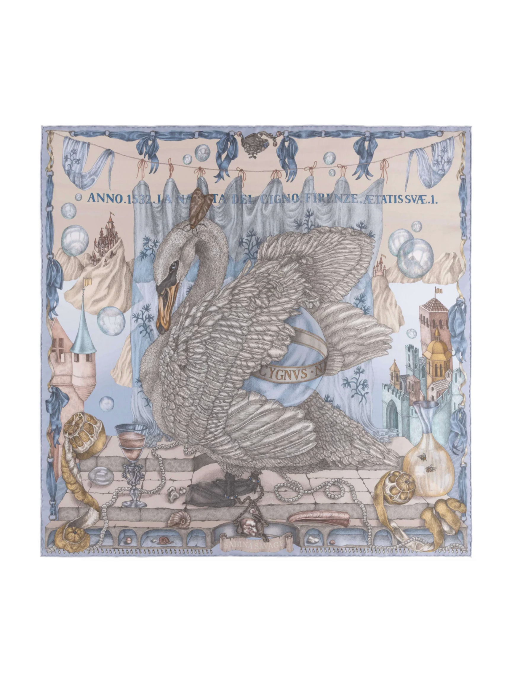 90x90 Medium Silk Scarf - Glass Swan - Crystal/Calcite