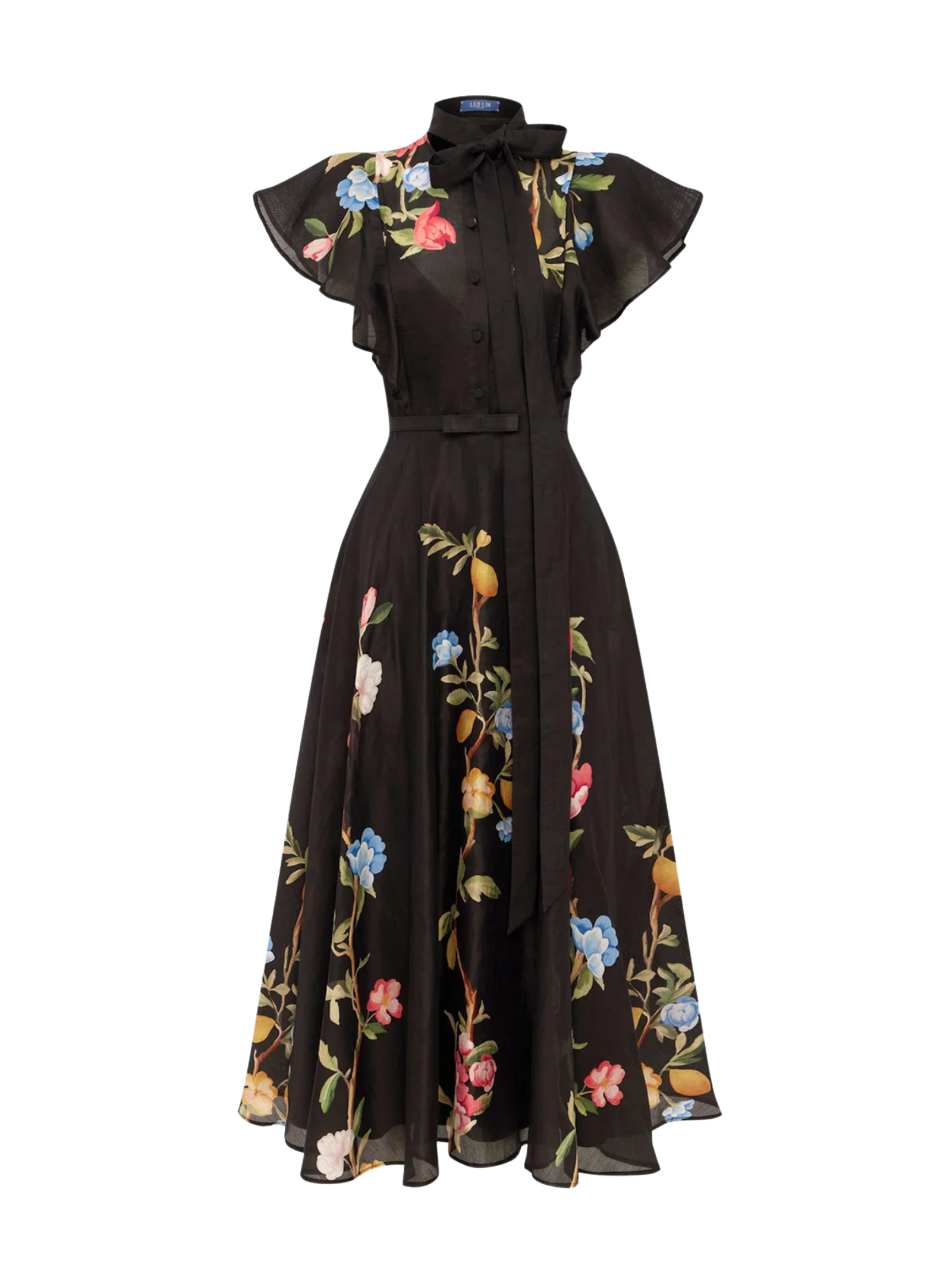 Elsie Flutter Sleeve Midi Dress - Lemon Vine Print in Ebony