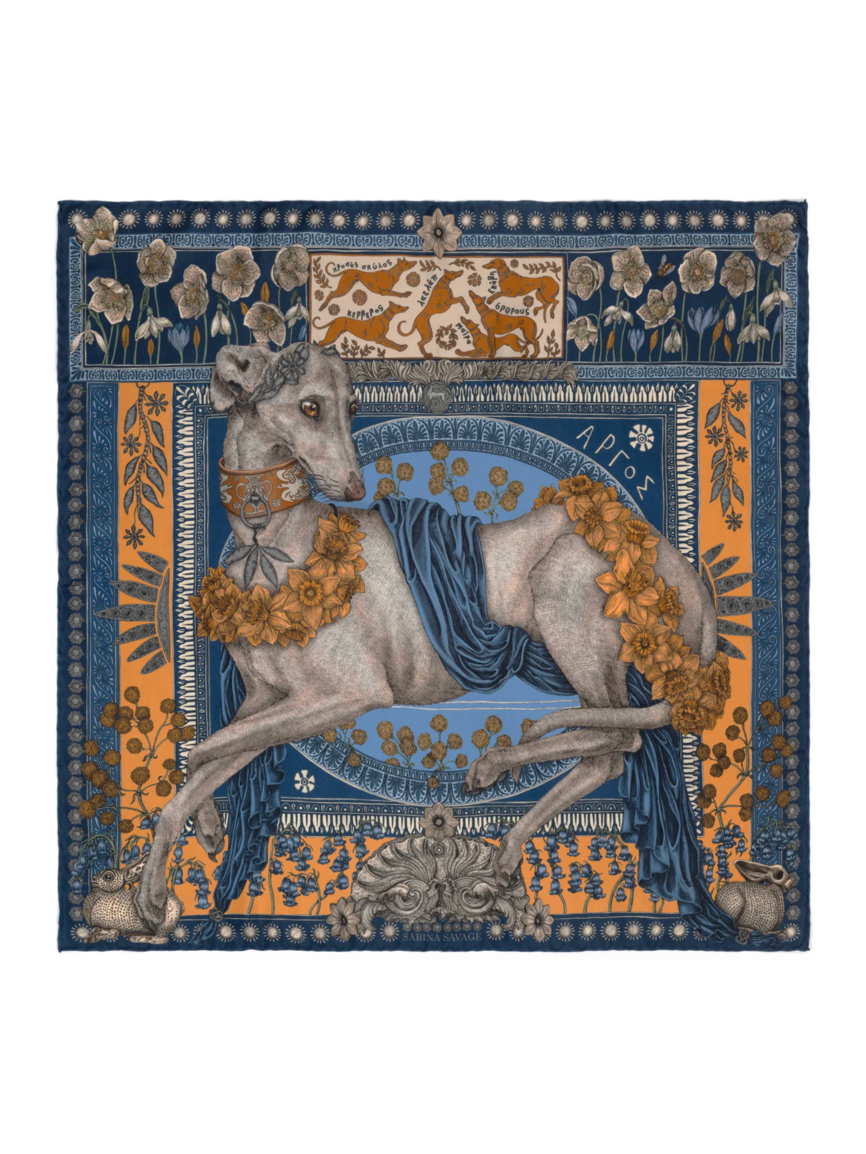 90x90 Medium Silk Scarf - Honouring Argos - Marine/Apricot