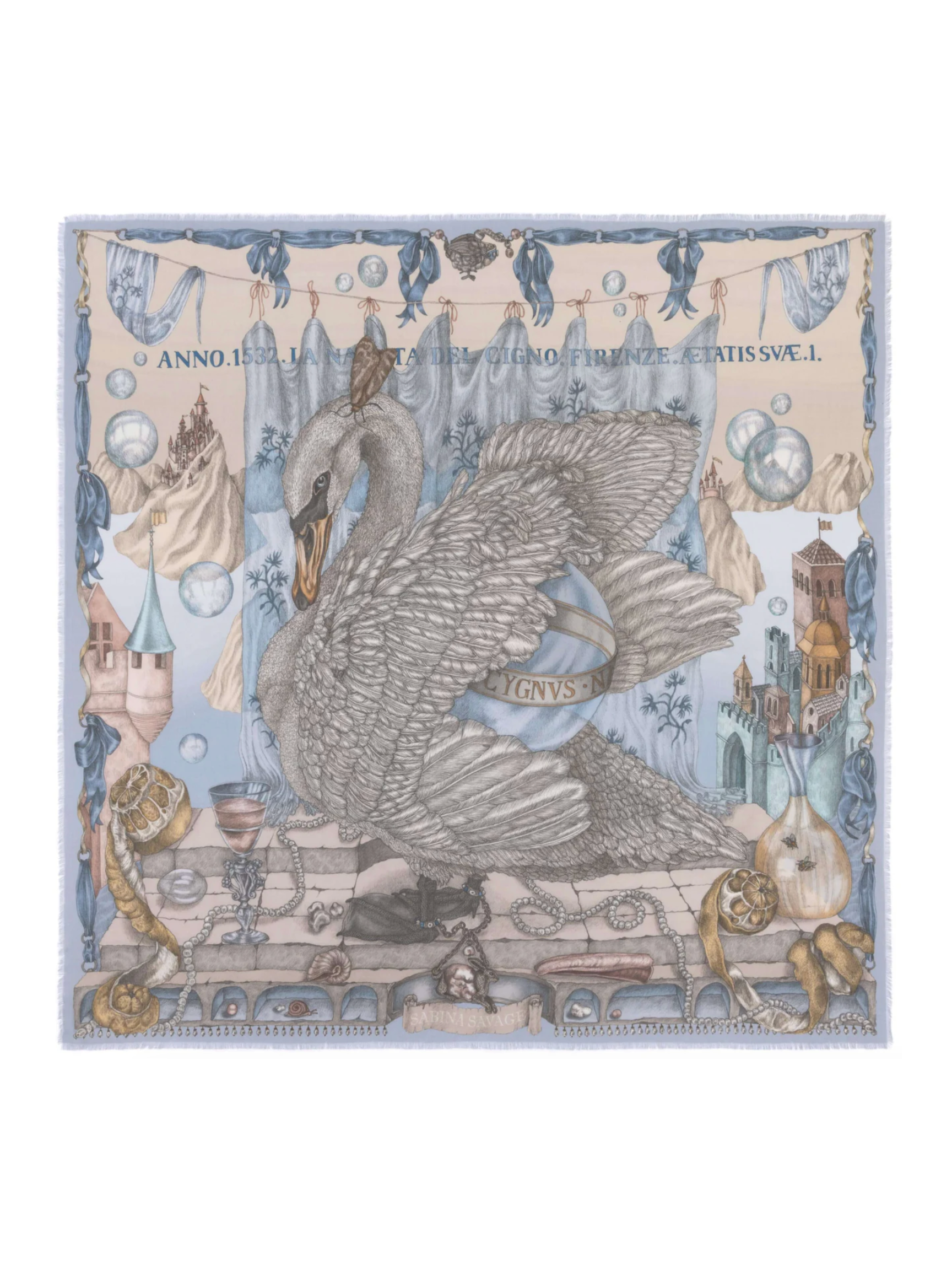 135x135 Large Silk Scarf-Glass Swan-Crystal/Calcite