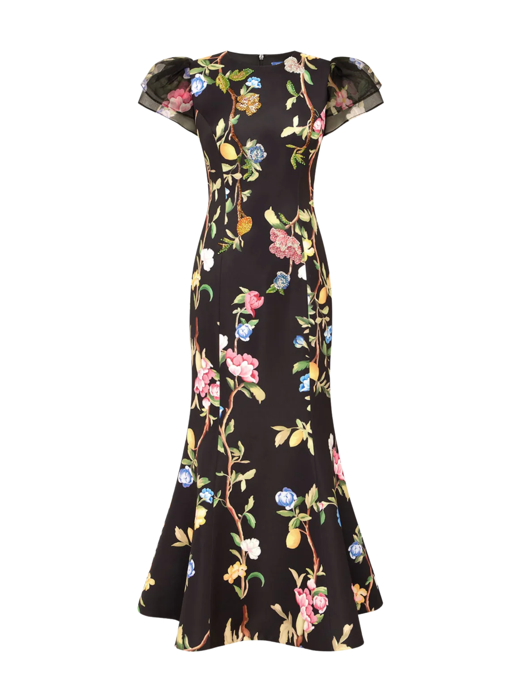 Sofia Embellished Puff Sleeve Maxi Dress - Lemon Vine Print in Ebony