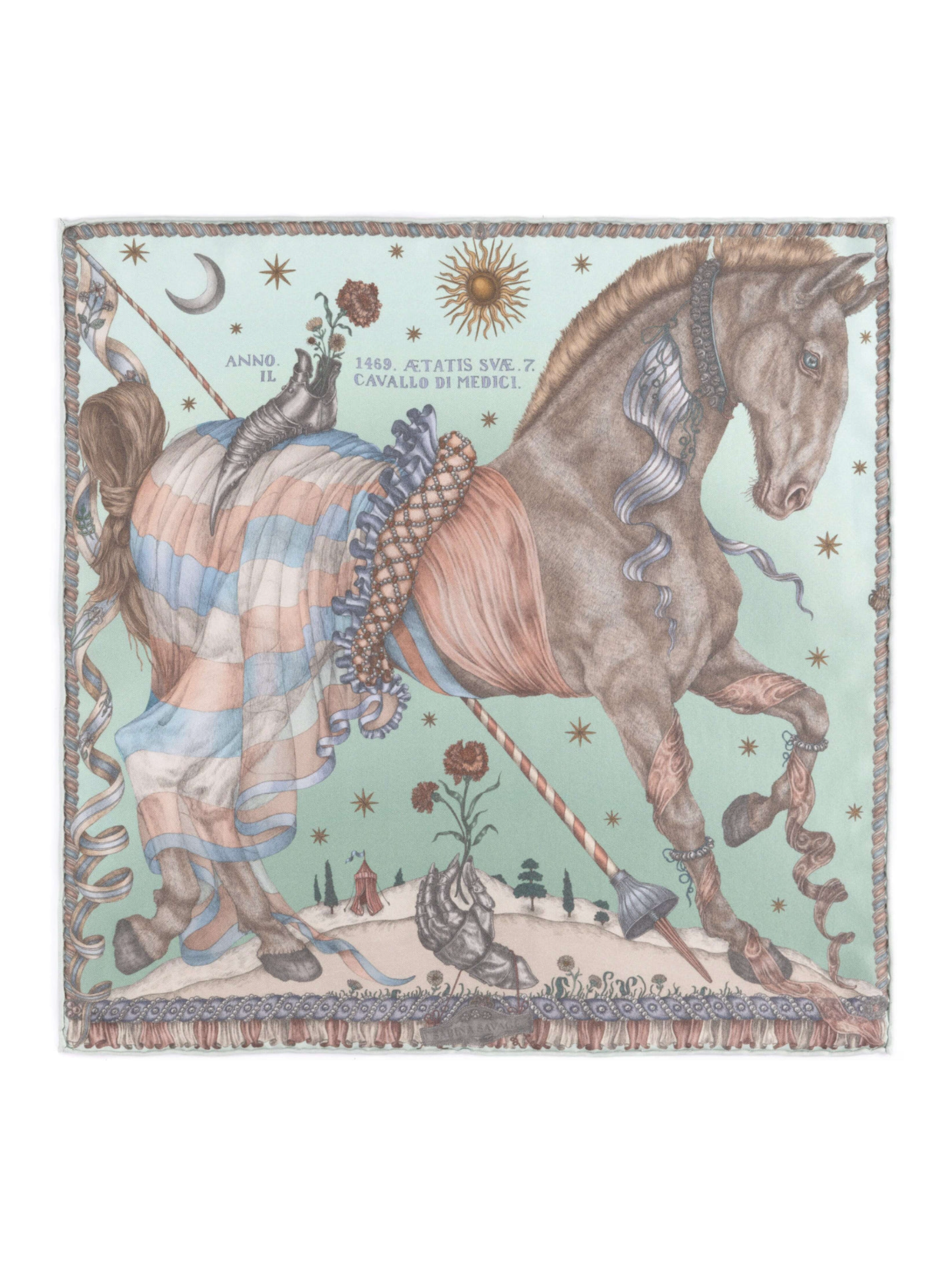 42x42 Small Silk Scarf-Celestial Steed-Celadon/Salt