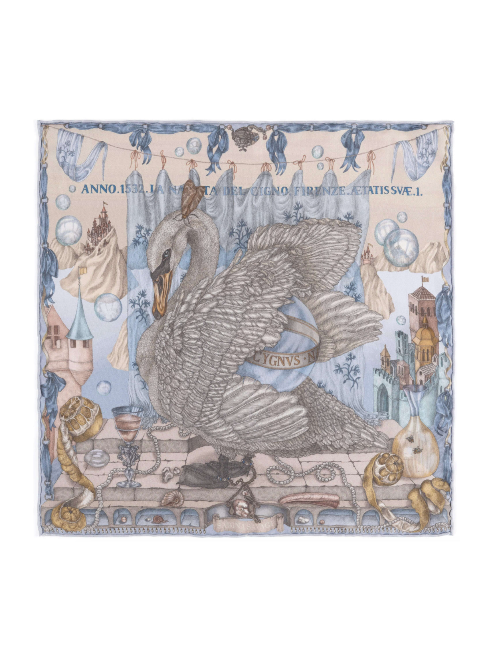 42x42 Small Silk Scarf - Glass Swan - Crystal/Calcite