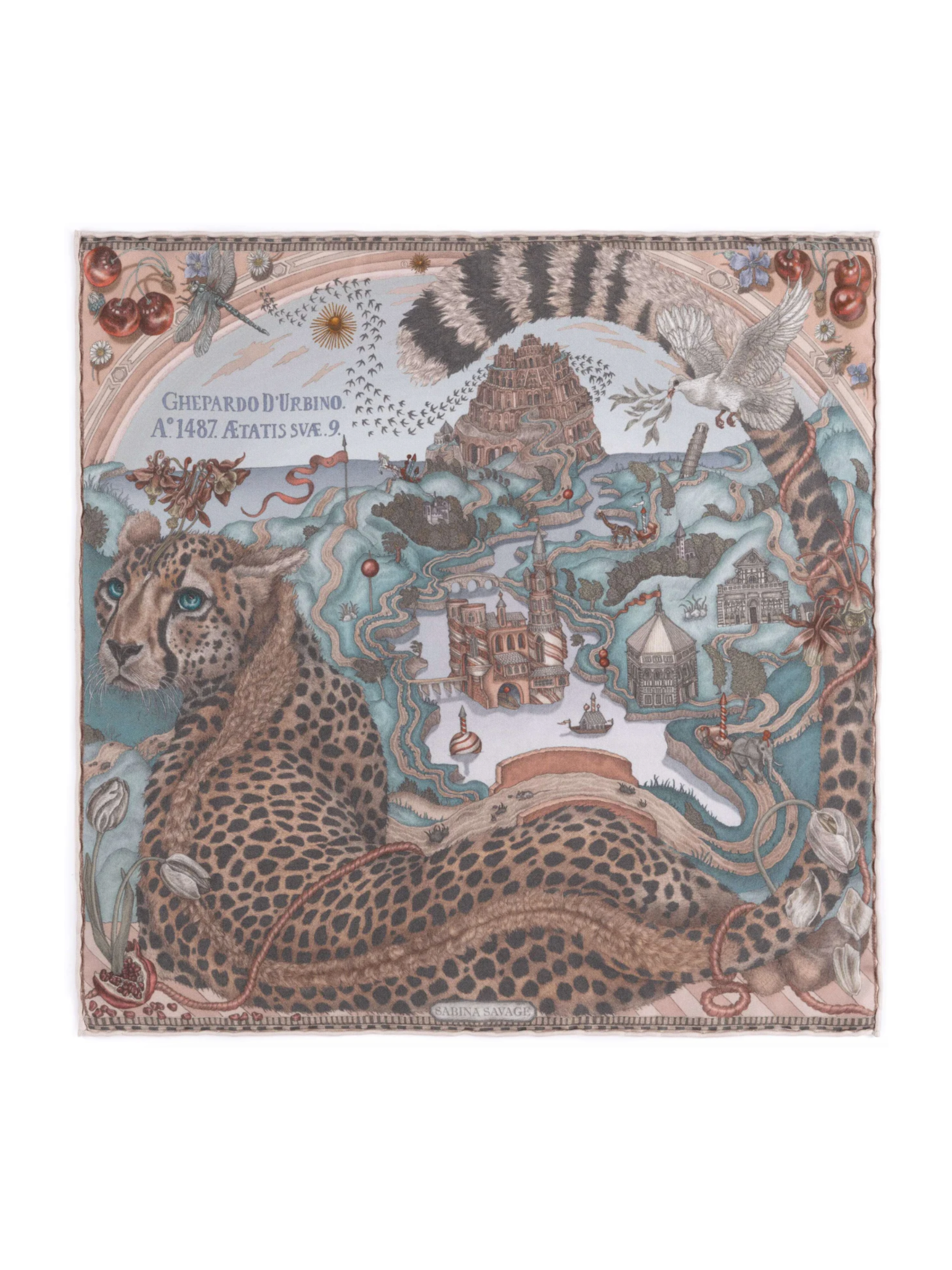 42x42 Small Silk Scarf - Medici Cheetah - Morello/Mint