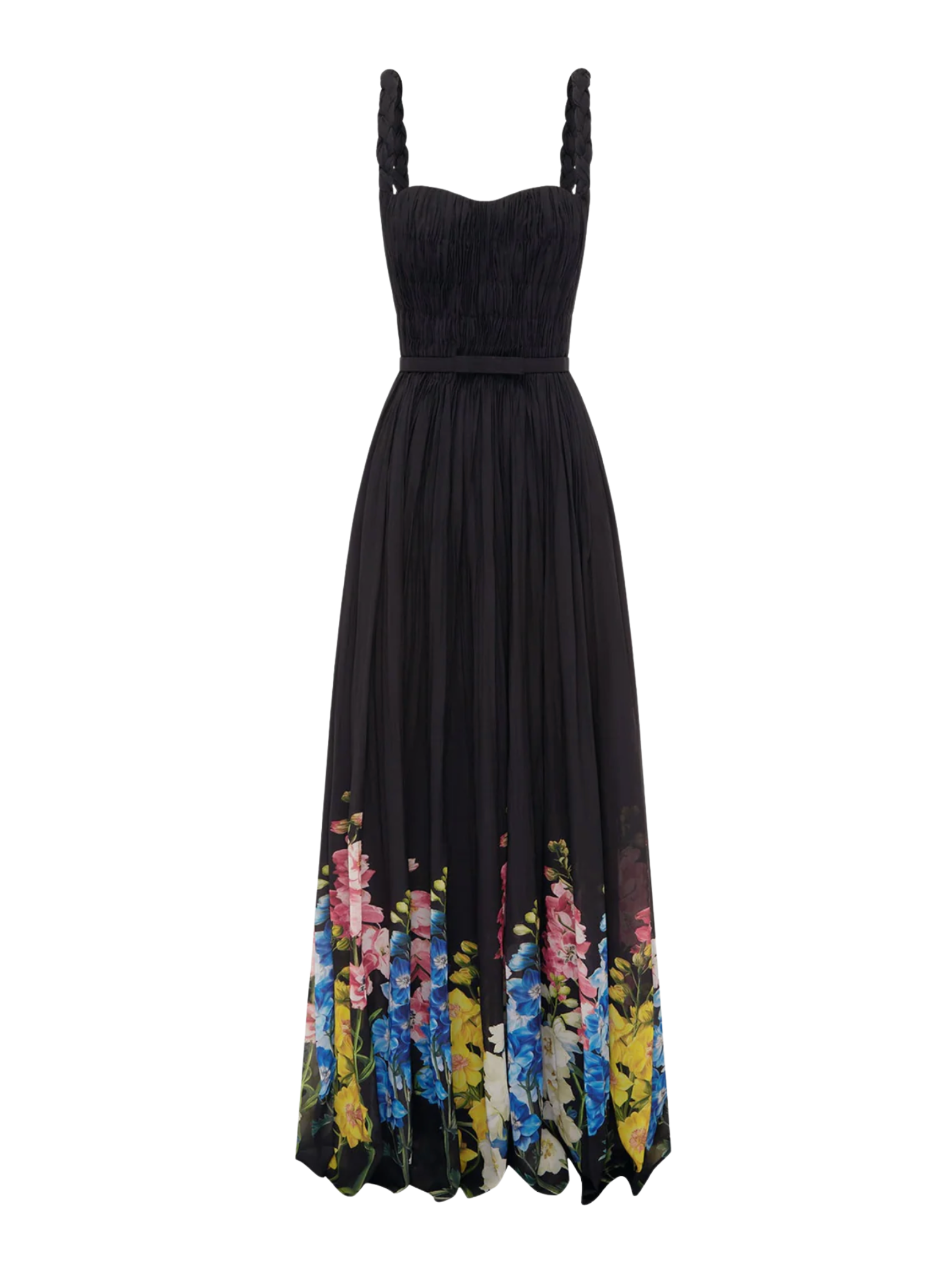 Angelina Ruffled Floor Length Dress - Snapdragon Print in Ebony
