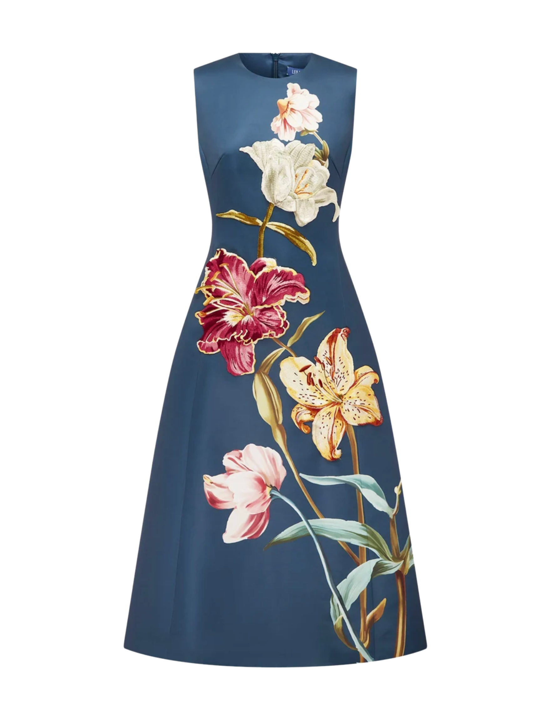 Cleo Embroidered Sleeveless Midi Dress - Lily Print in Indigo
