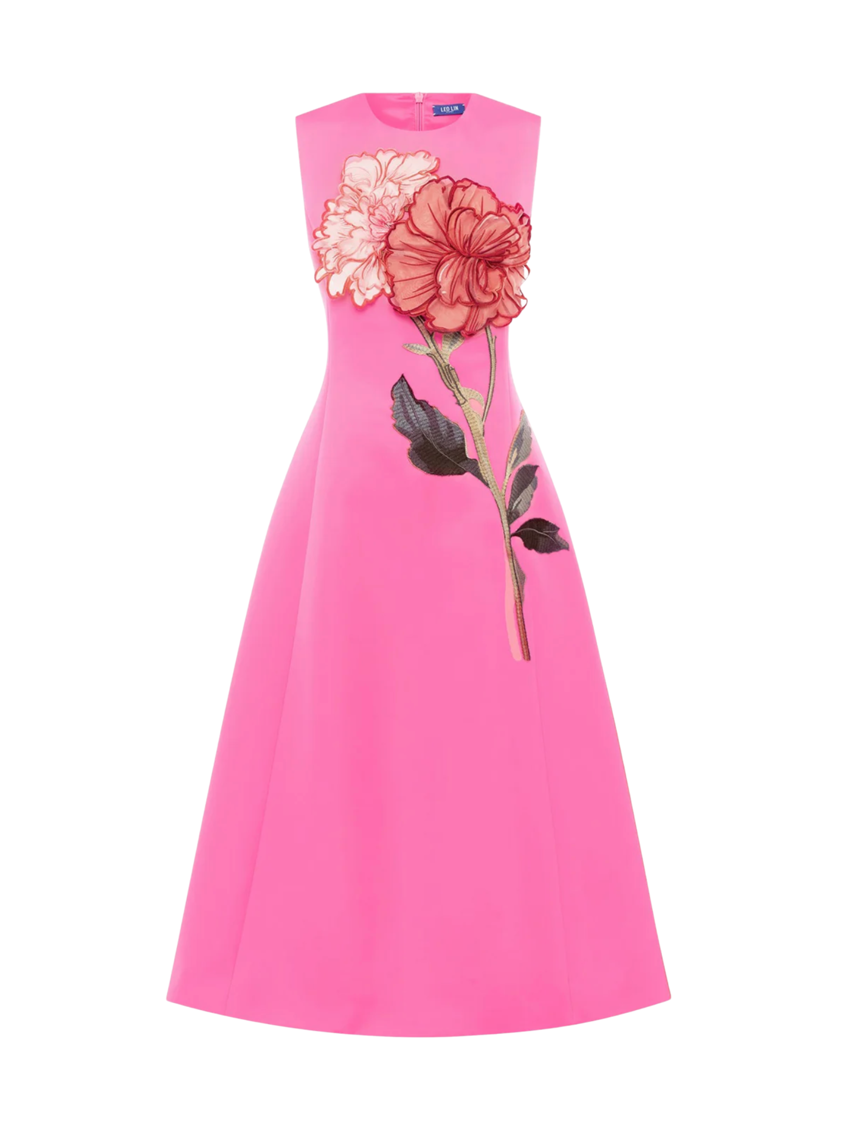 Cleo Applique Sleeveless Midi Dress-Peony Print In Fuchsia