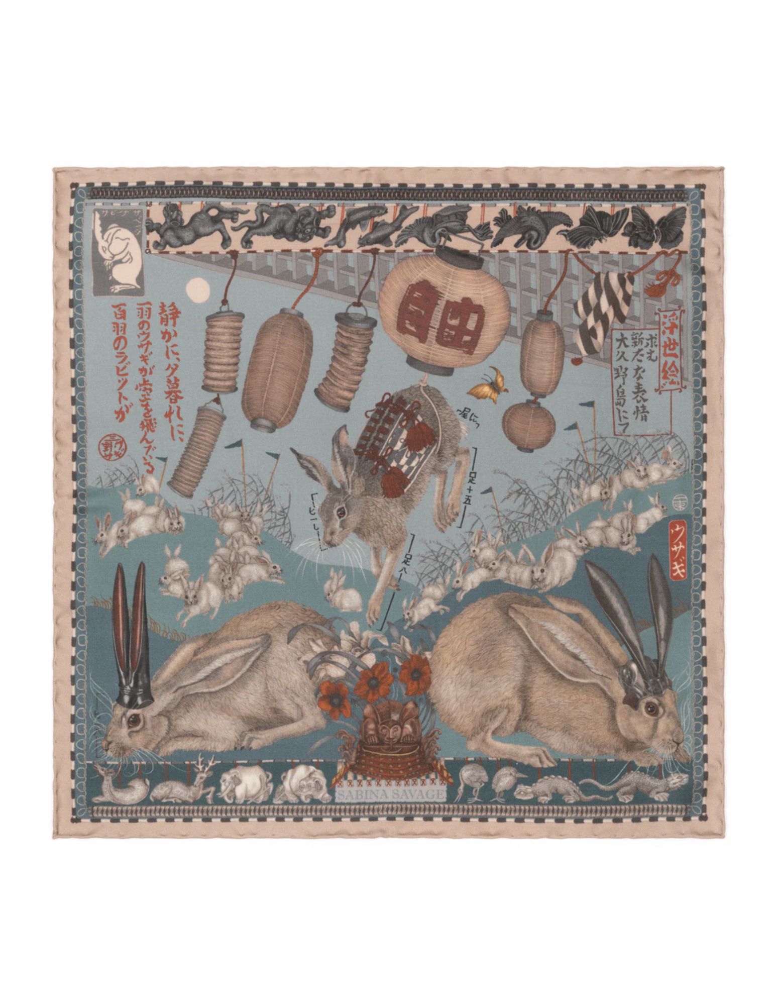 135x135 Large Silk/Wool Scarf-Floating Rabbits-Cameo