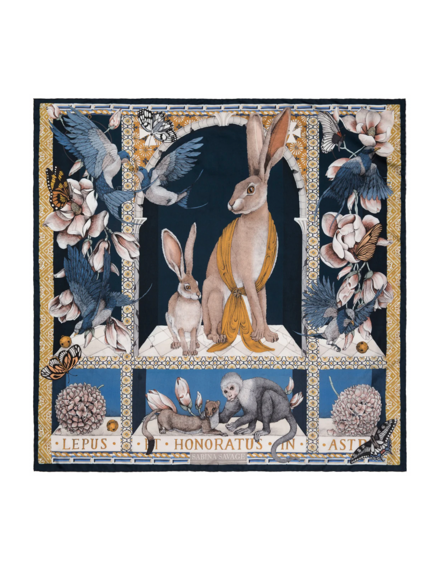 90x90 Medium Silk Scarf-Hare's Gift-Navy/Gold