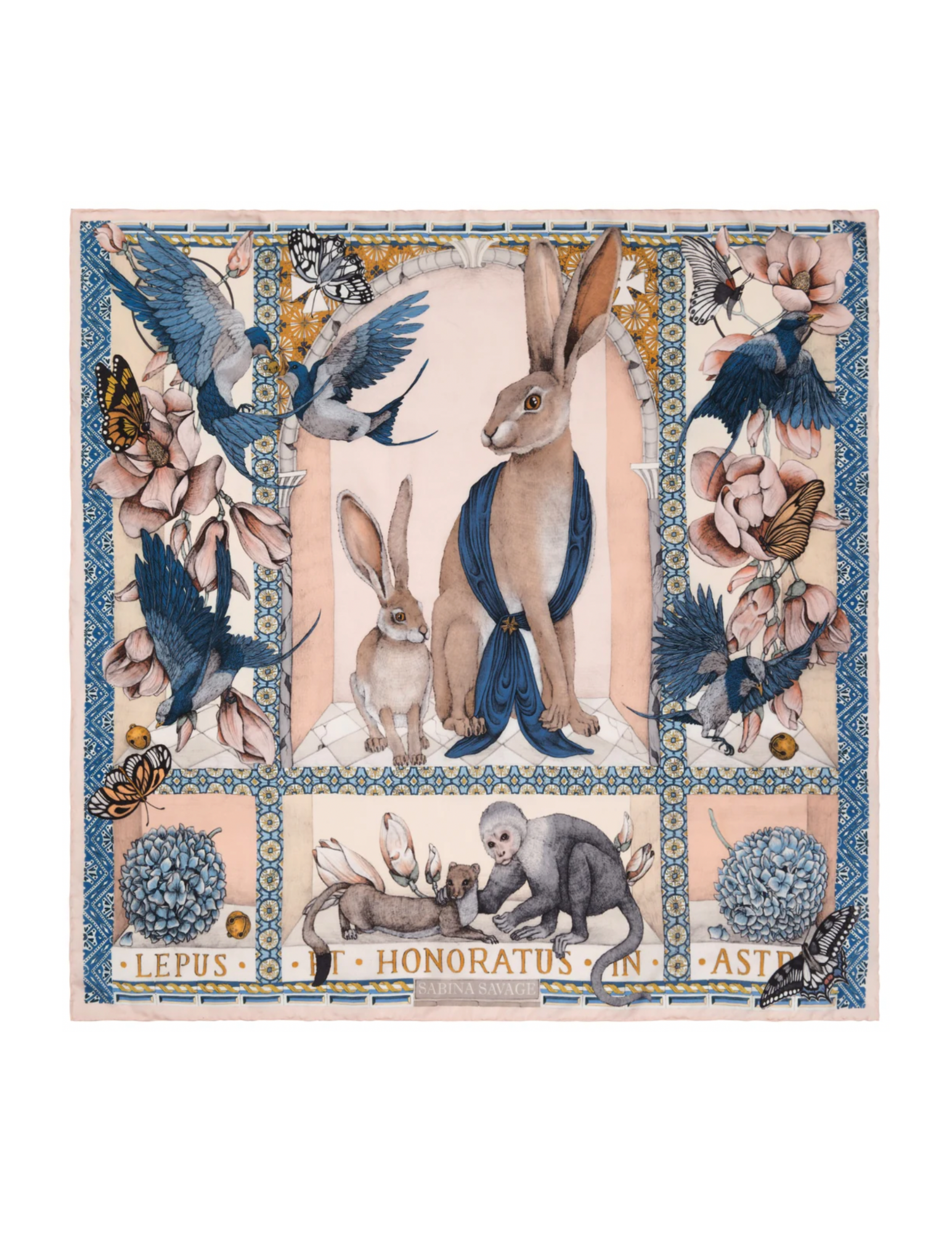 135x135 Large Silk Scarf-Hare's Gift-Pink/Blue